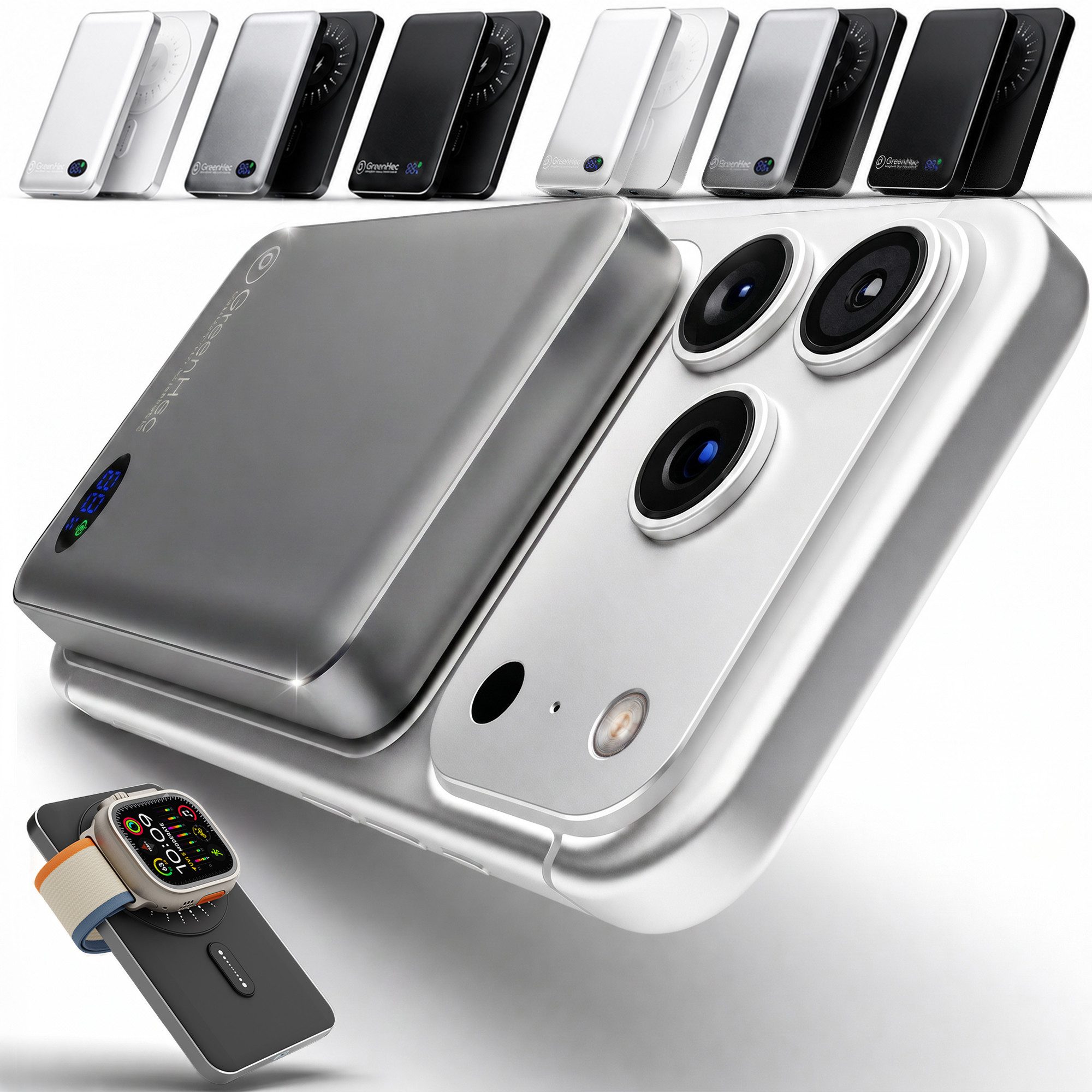 GreenHec Powerbank MagSafe iPhone 18 17 16 15 14 13 Pro Max Power Bank Wireless Powerbank MagSwift Duo Powerbank A 10000 mAh (1,5 V), Magnetische 10000mAh 5000mAh Induktiv Batterie Kabellos Laden Slim Air
