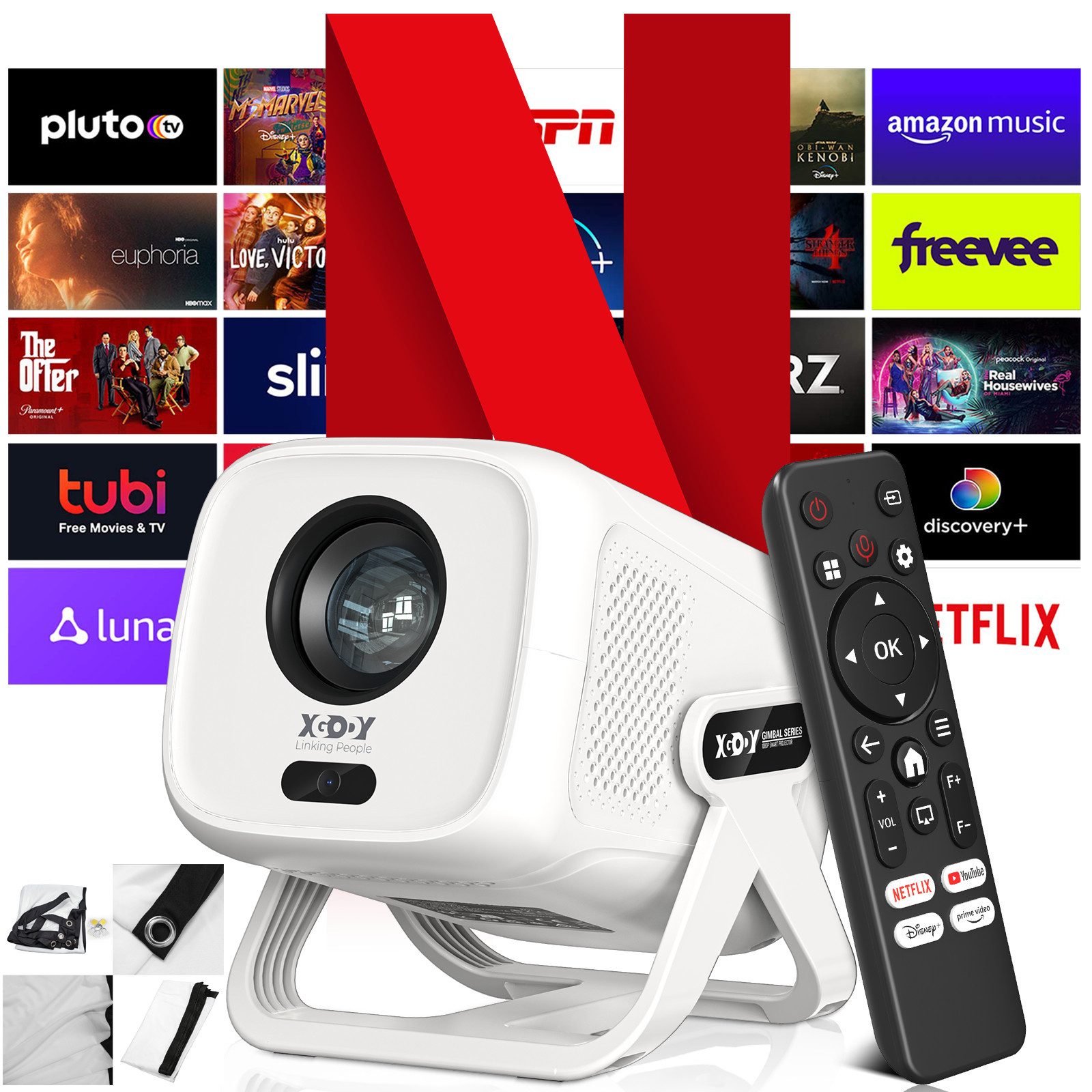 XGODY Native1080p Projektor 4K Mit Netflix Zertifizierung(AutoFokus) Mini Beamer (20000 lm, 20000:1, 3840 x 2160, 1920x1080 px, mit Automatische Trapezkorrektur, beamer leinwand, Sprachsteuerung)