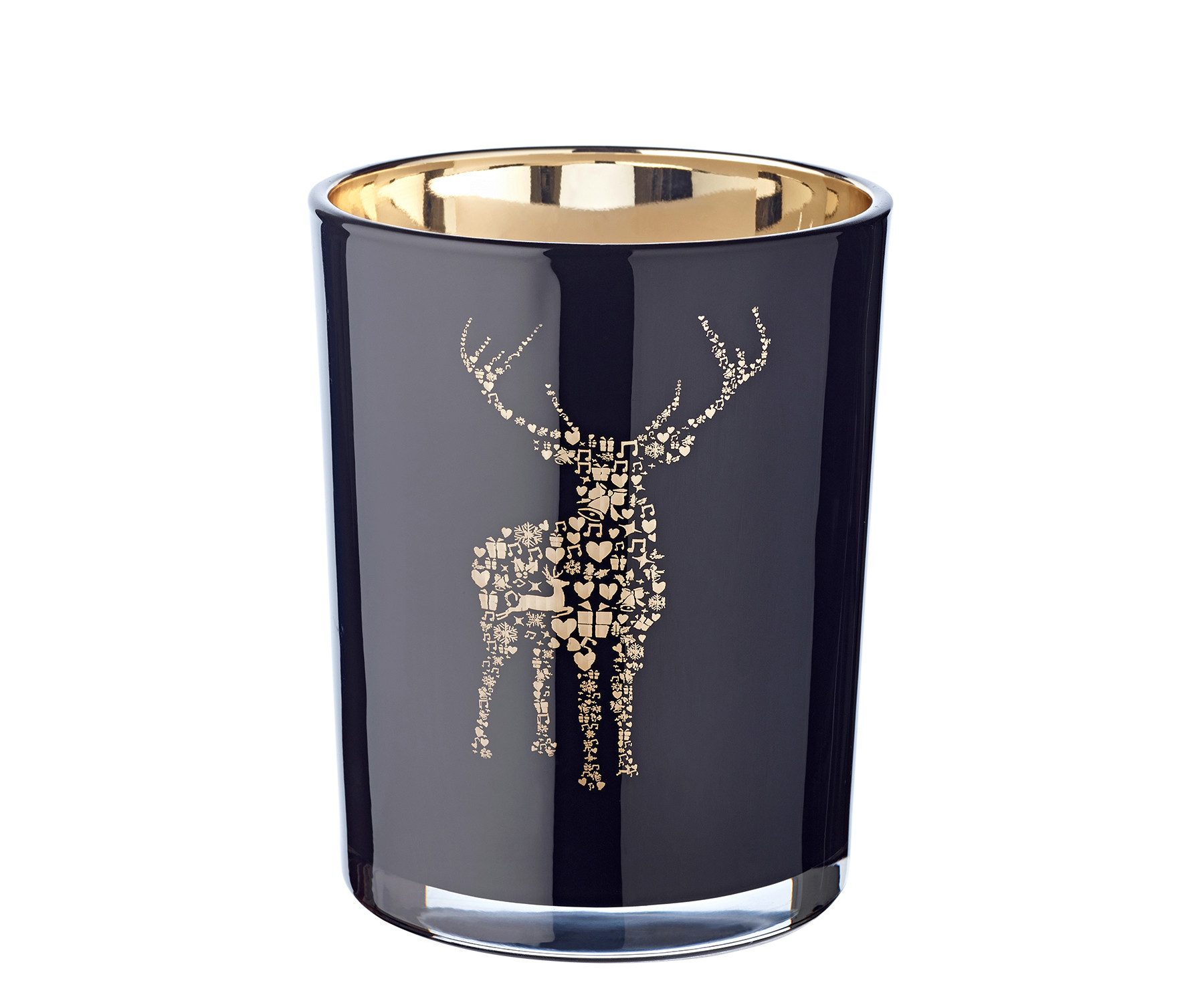 EDZARD Windlicht Fancy (H 13 cm, Ø 10 cm) Glas, Hirsch-Motiv, schwarz / gold