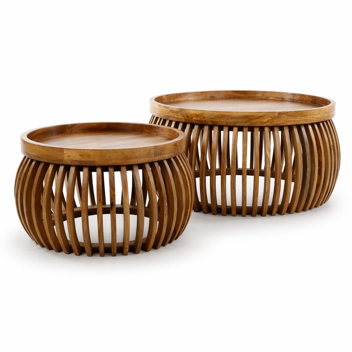 Liadomo Couchtisch Laos, Wohnzimmertisch, Beistelltisch, rund, Holzstrebengestell (2-St., 2er-Set), Mangoholz massiv, Tischplatte und Form rund