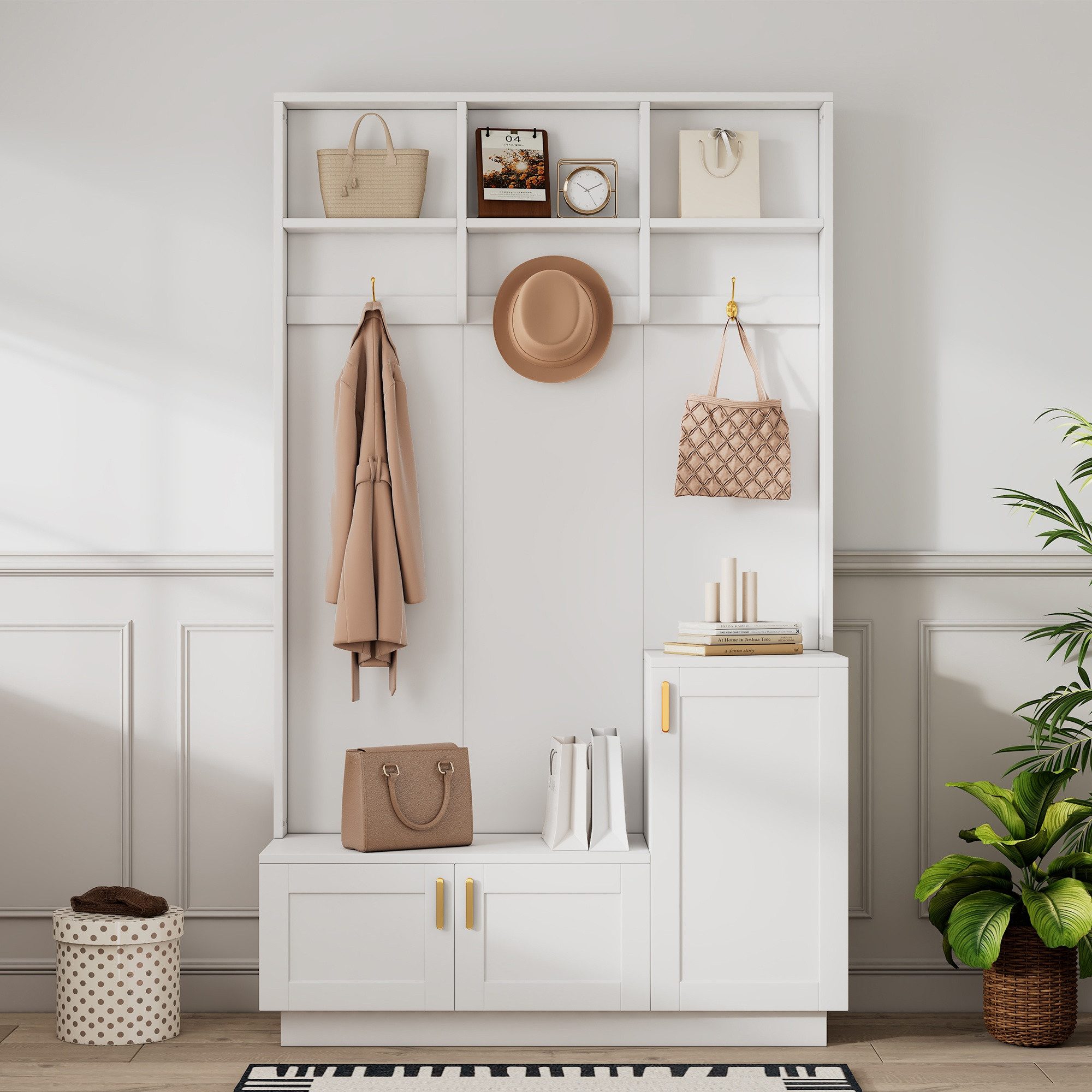 IDEASY Garderobenständer Garderobenset mit Bank, Schuhablage & 3 Haken – Weiß