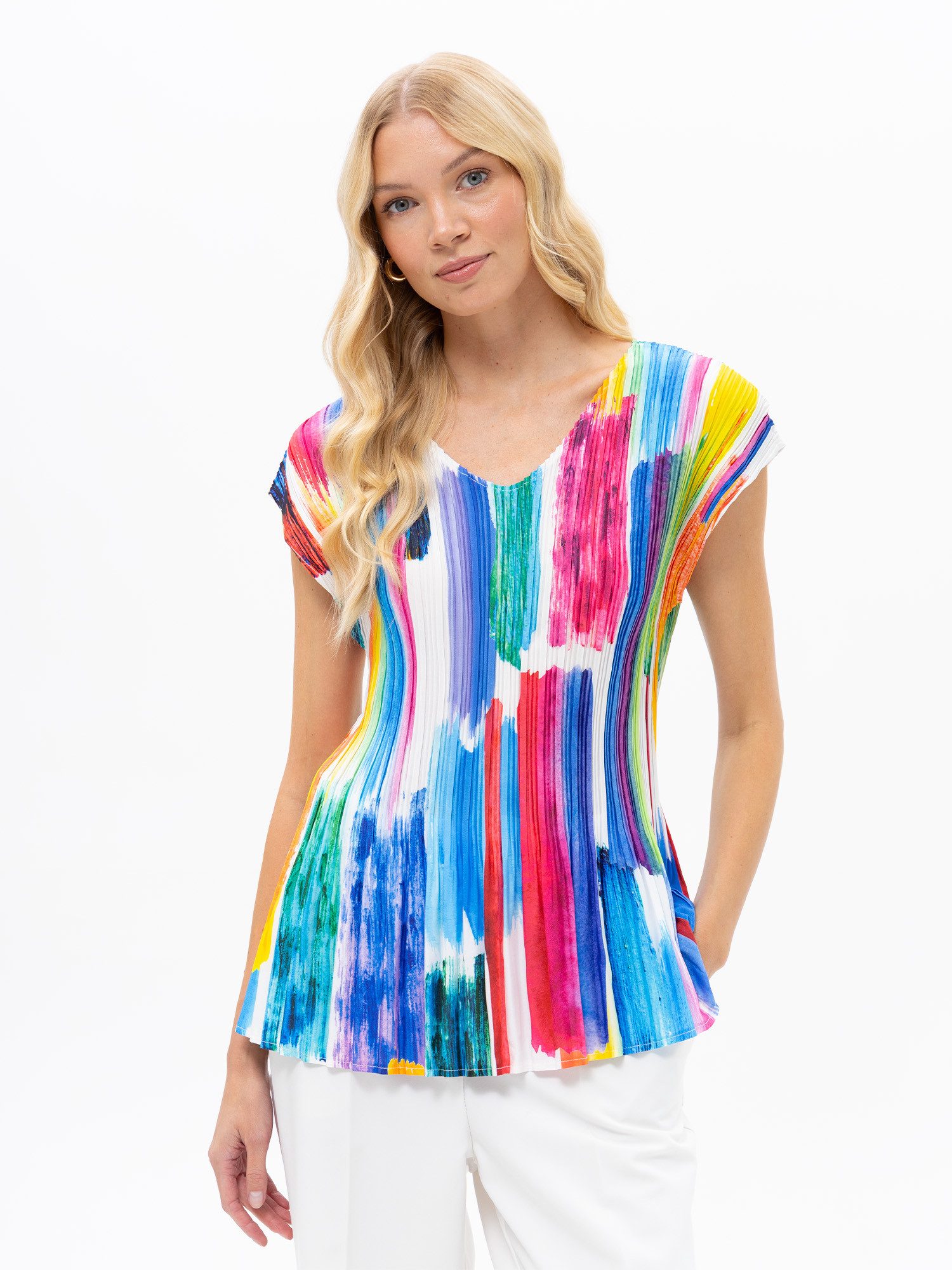 Passioni Plisseeshirt in bunt mit V-Ausschnitt Sommer T-Shirt in bunt mit Plissé Einheitsgröße (36-50)