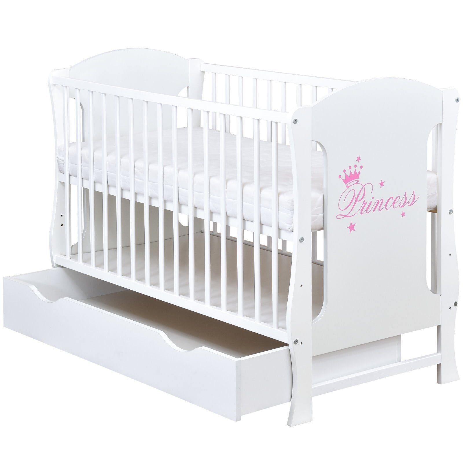 Baby-Delux Babybett Lia Princess, Kinderbett 60x120 cm weiß Schublade Kiefer Princess Motiv Matratze