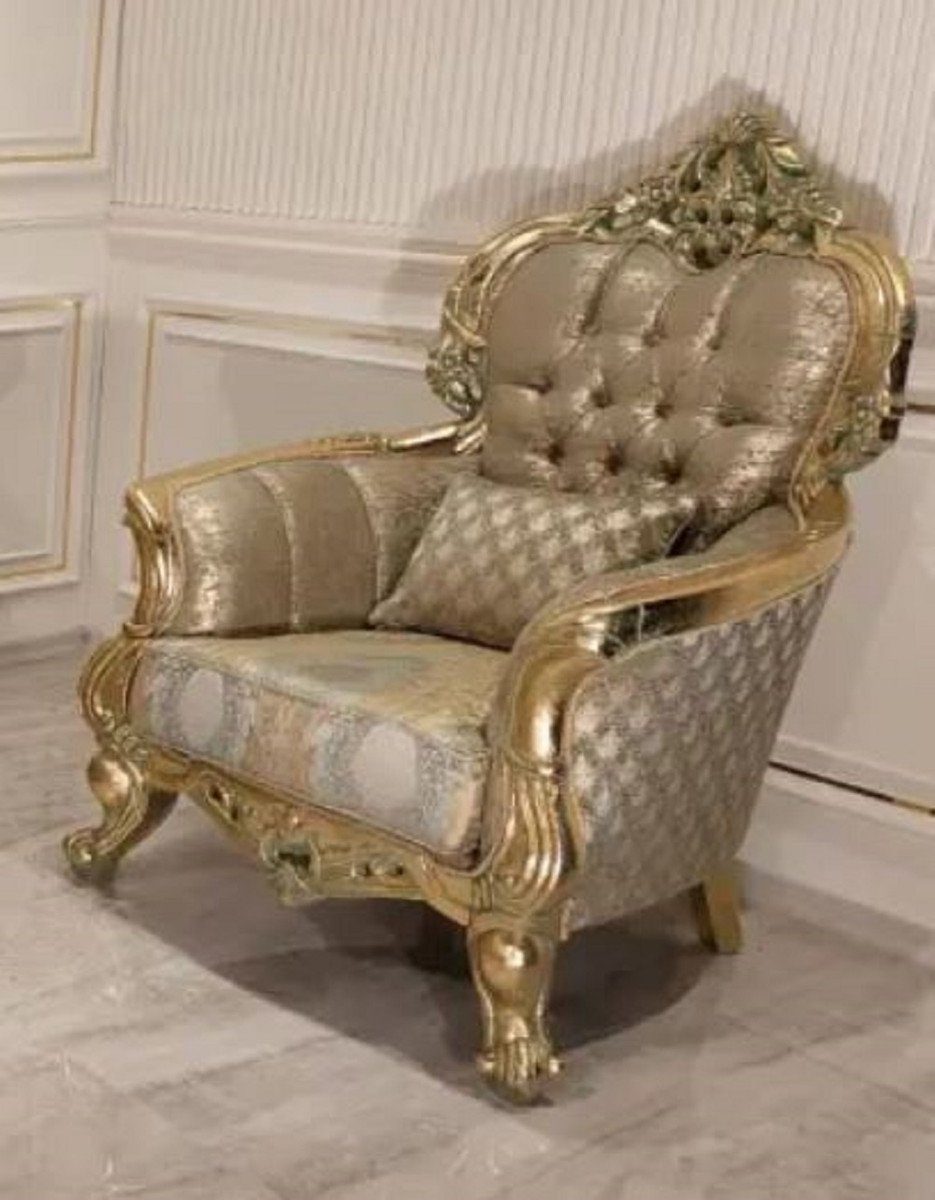 Casa Padrino Sessel Luxus Barock Wohnzimmer Sessel Gold / Grün / Gold - Prunkvoller Sessel mit elegantem Muster - Handgefertigte Barock Wohnzimmer Möbel | Einzelsessel