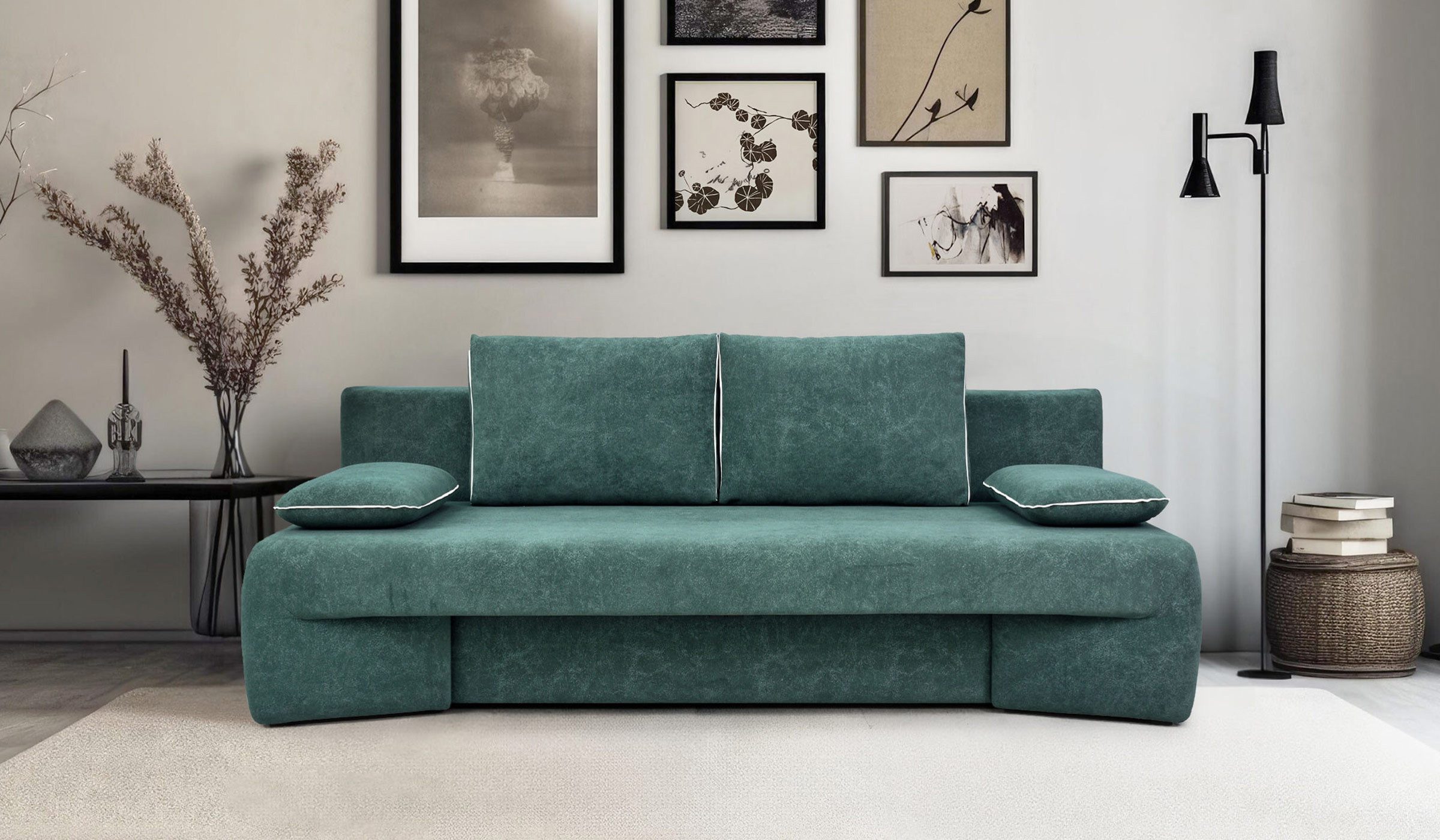 Hygger Möbelhaus Schlafsofa Erial mit Bettfunktion und Bettkasten, Liegefläche: 150 x 210 cm, Versandkostenfrei innerhalb Deutschlands, Hergestellt in Europa, Inkl. 2 Zierkissen.