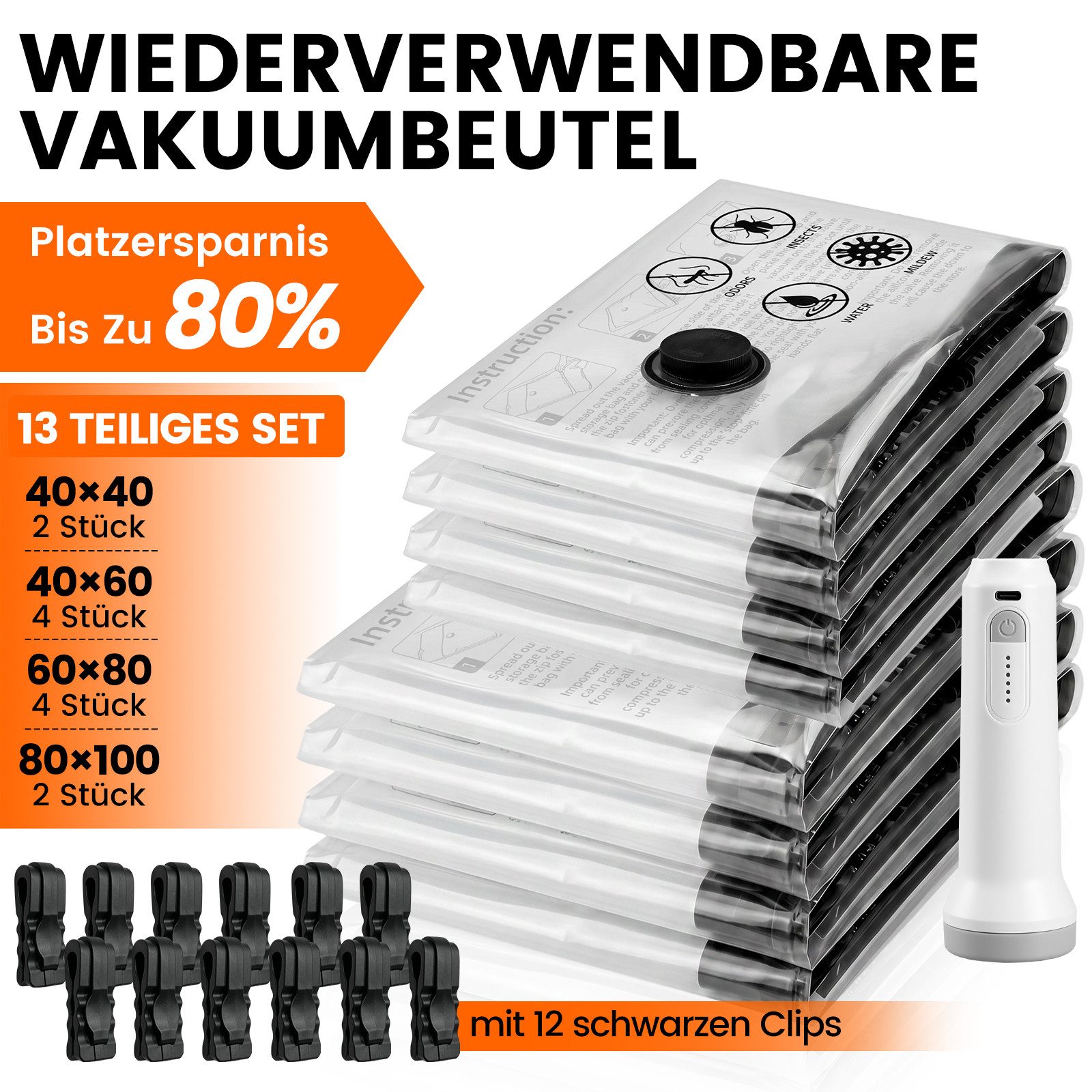Bundviel Kofferorganizer Vakuumbeutel für Kleidung mit kabelloser Vakuumpumpe 13 Stück (Set, 12-tlg), 4 Größen ideal für Kleidung, Handgepäck und ordentliches Packen