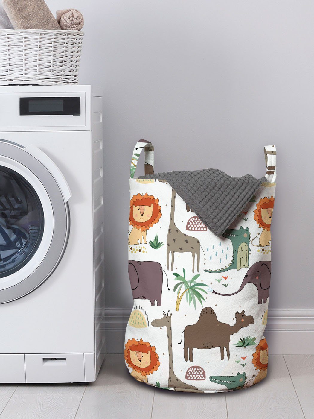 Wäschekorb Waschsalons, für Kordelzugverschluss Griffen Tier-Illustration Lustige Abakuhaus Wäschesäckchen mit Löwe