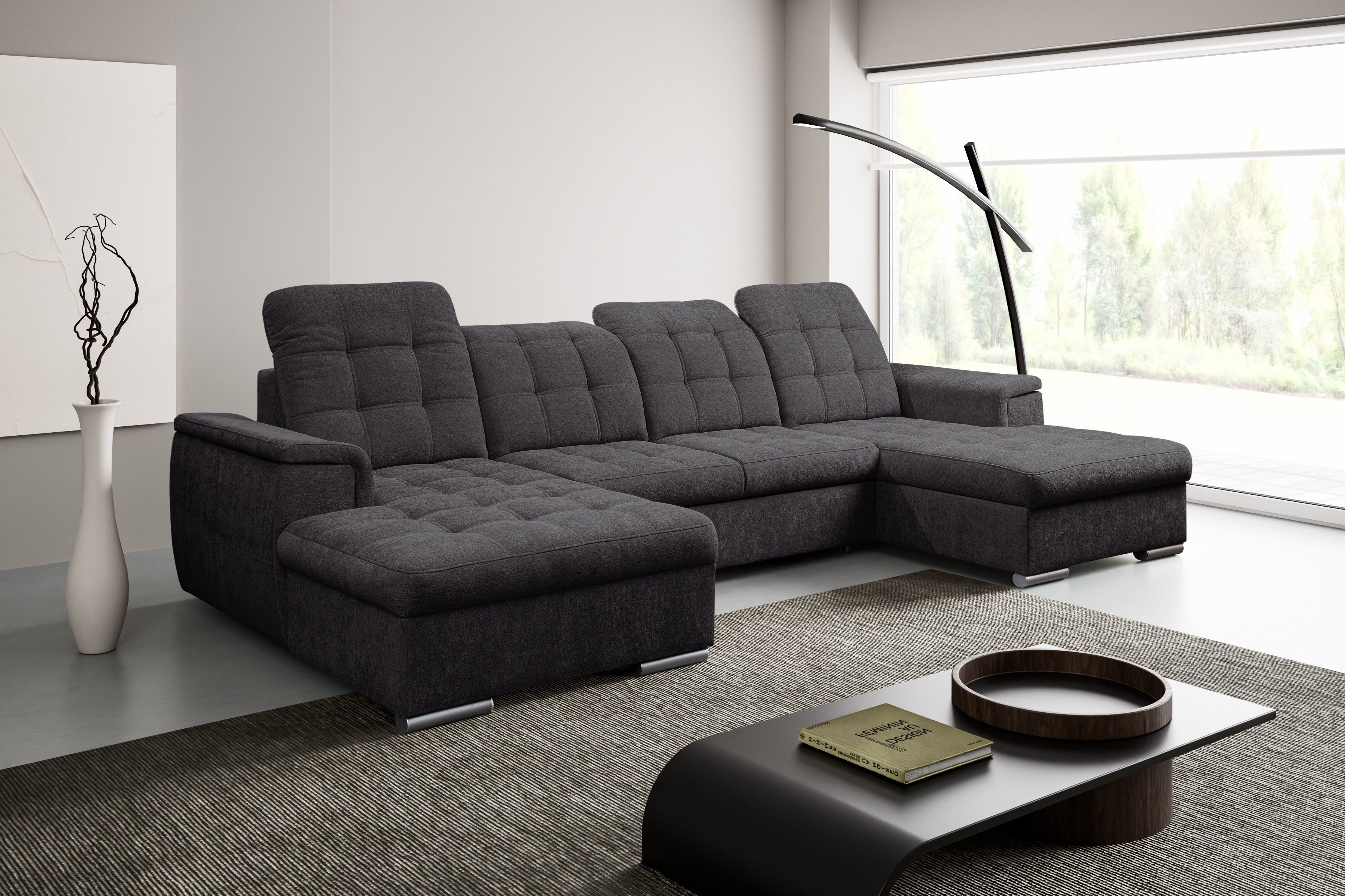 WERK2 Wohnlandschaft Napoli 330 x 174 cm zeitlos modern und bequem, U-Form, XXL, Schlaffunktion, Bettkasten, verstellbare Kopfteile