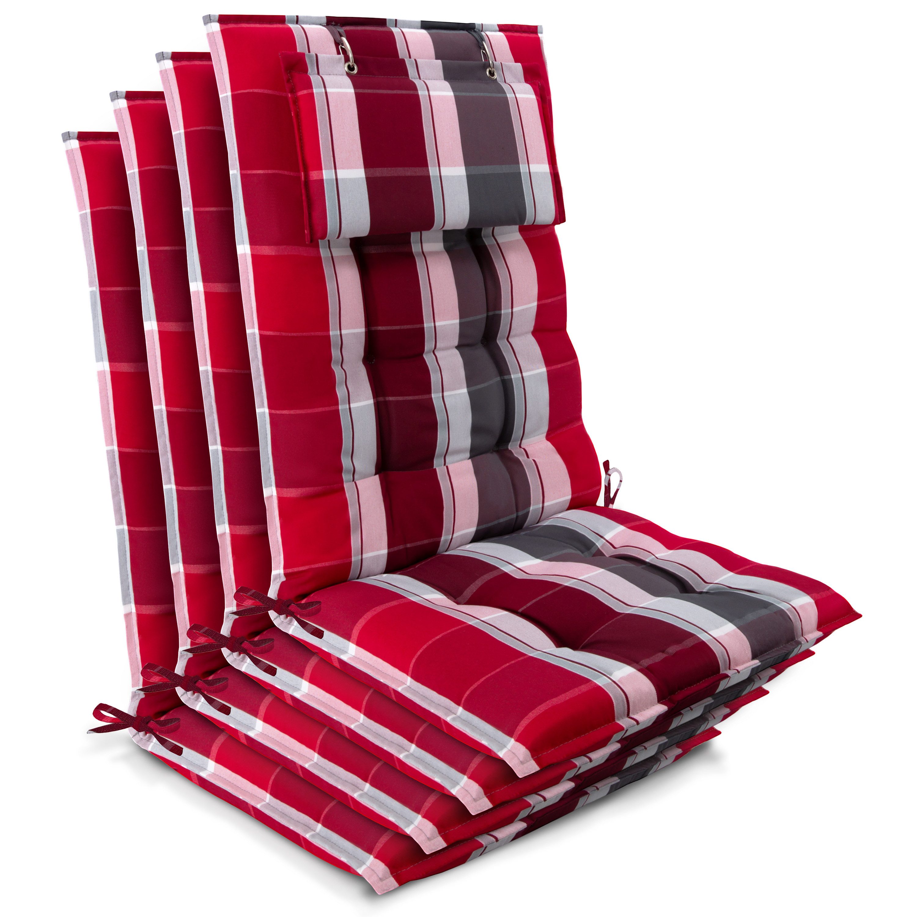 Beautissu Hochlehnerauflage 4er Set Sun-HL Hochlehner Auflage 120x50x8cm Rot-Anthrazit-Gestreift, Mit Kopfpolster, rutschfest & robust – Befestigungsbänder, UV 5