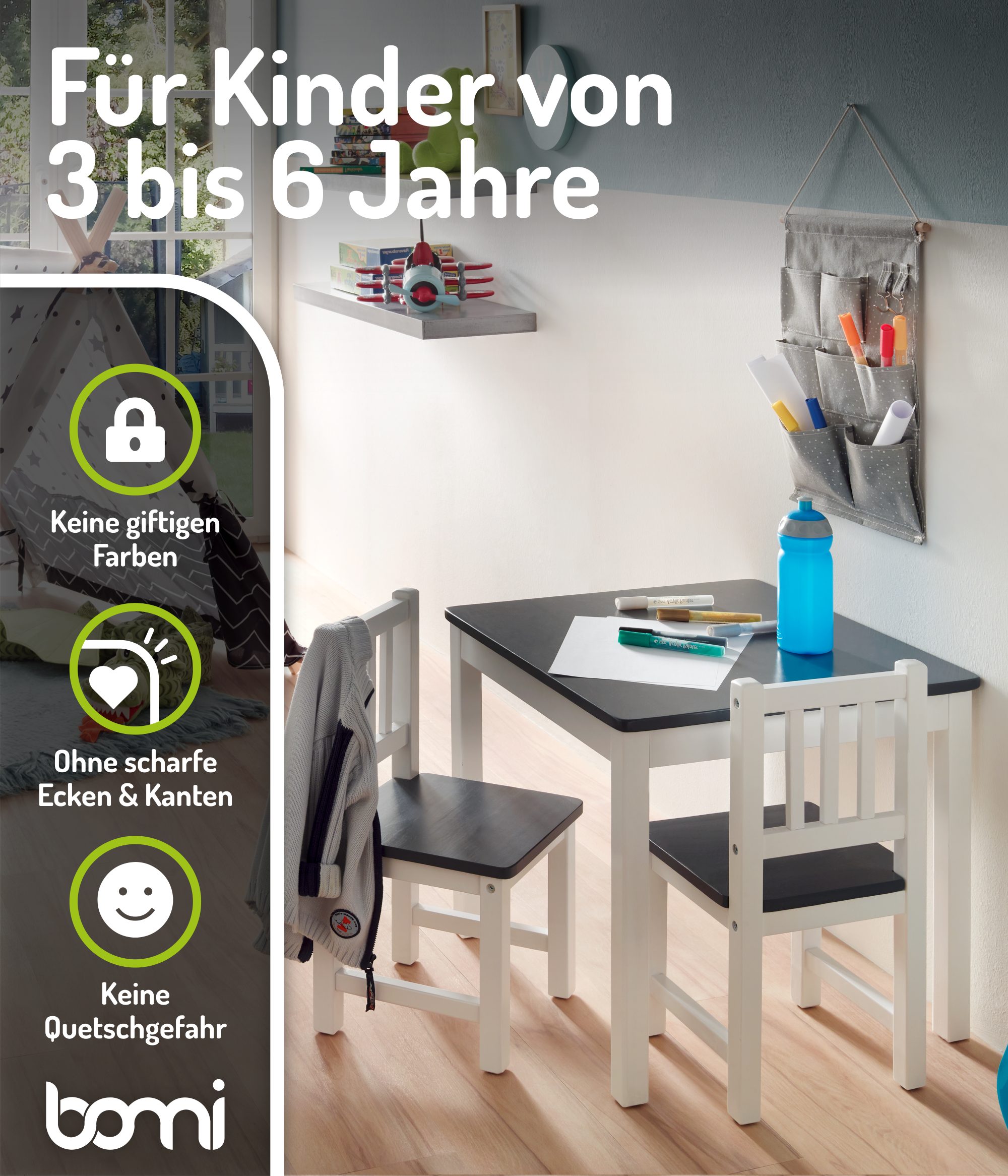 BOMI Kindersitzgruppe Holzsitzgruppe Amy, (Set, 3-tlg., oder 5 tlg. erhältlich), Kindertischgruppe, Tisch & Stühle Kinderzimmer, als Spiel- & Maltisch – Bild 3 von 5