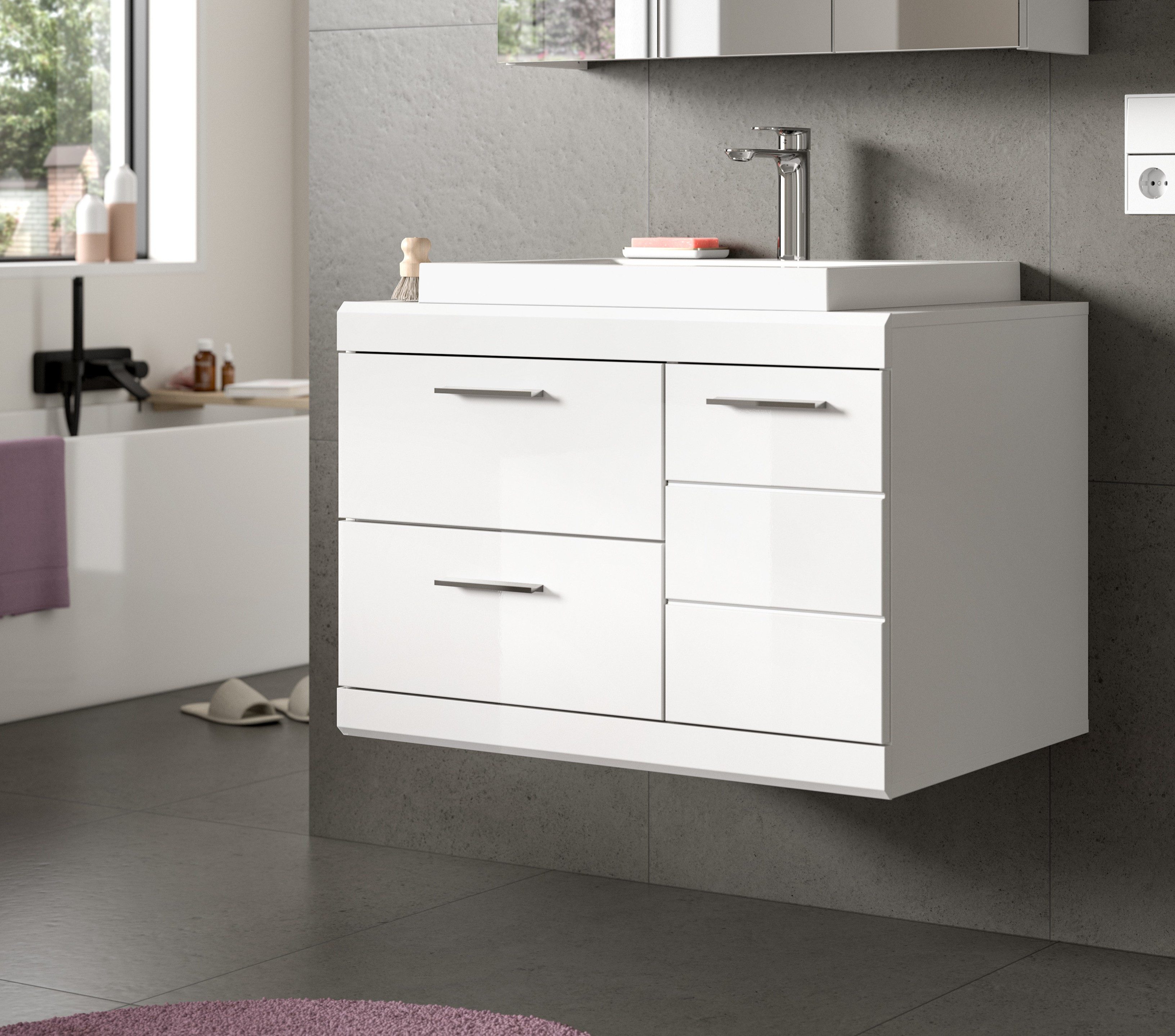 welltime Waschtisch SIENA, hängend, inkl. Aufsatzwaschbecken, Breite 80 cm, MDF-Front (TOPSELLER!, 1 Tür, 1 Schubkasten, 1 Klappe, 1 Einlegeboden, 3 Fächer), WBU, Badmöbel, Badschrank, Kommode, Unterschrank, Bad, Hängeschrank