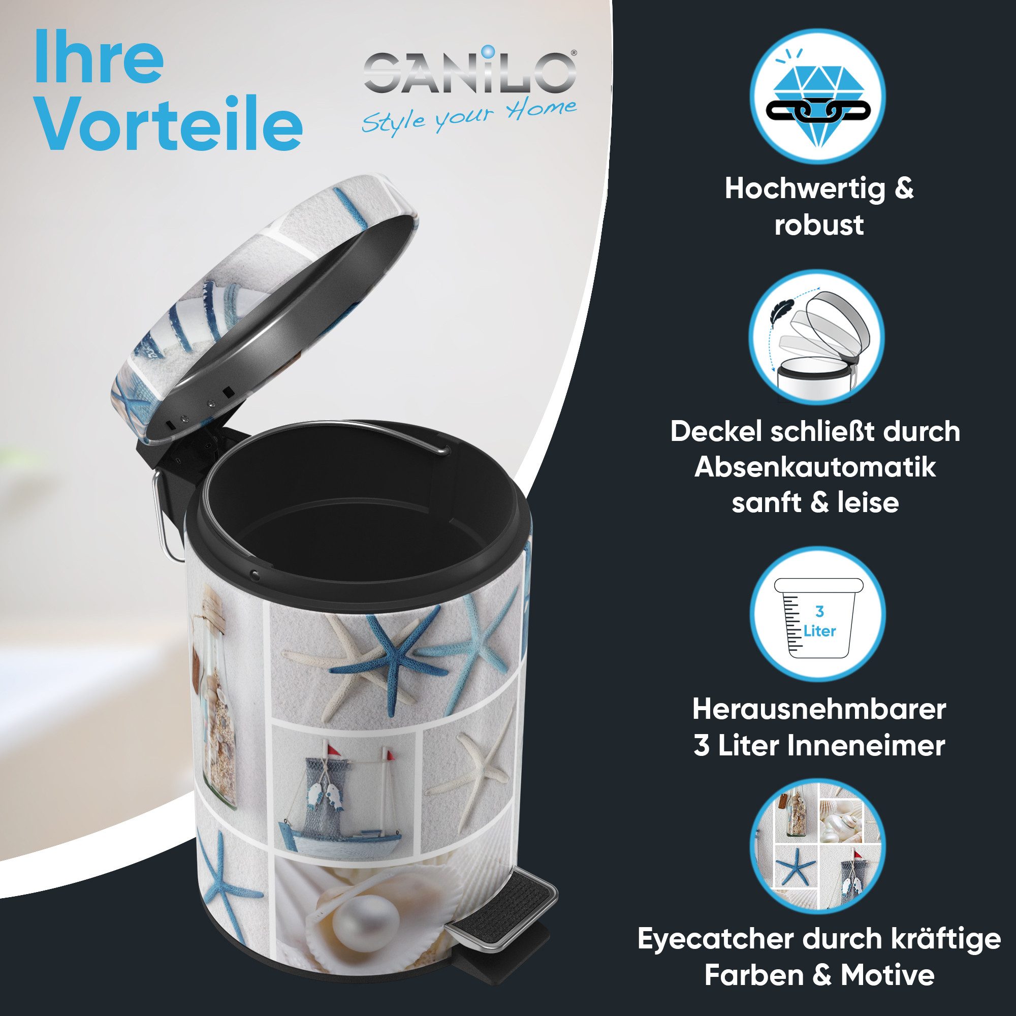 Sanilo Kosmetikeimer Meeresbrise, 3 Liter, Bad Mülleimer mit Absenkautomatik & Innenbehälter