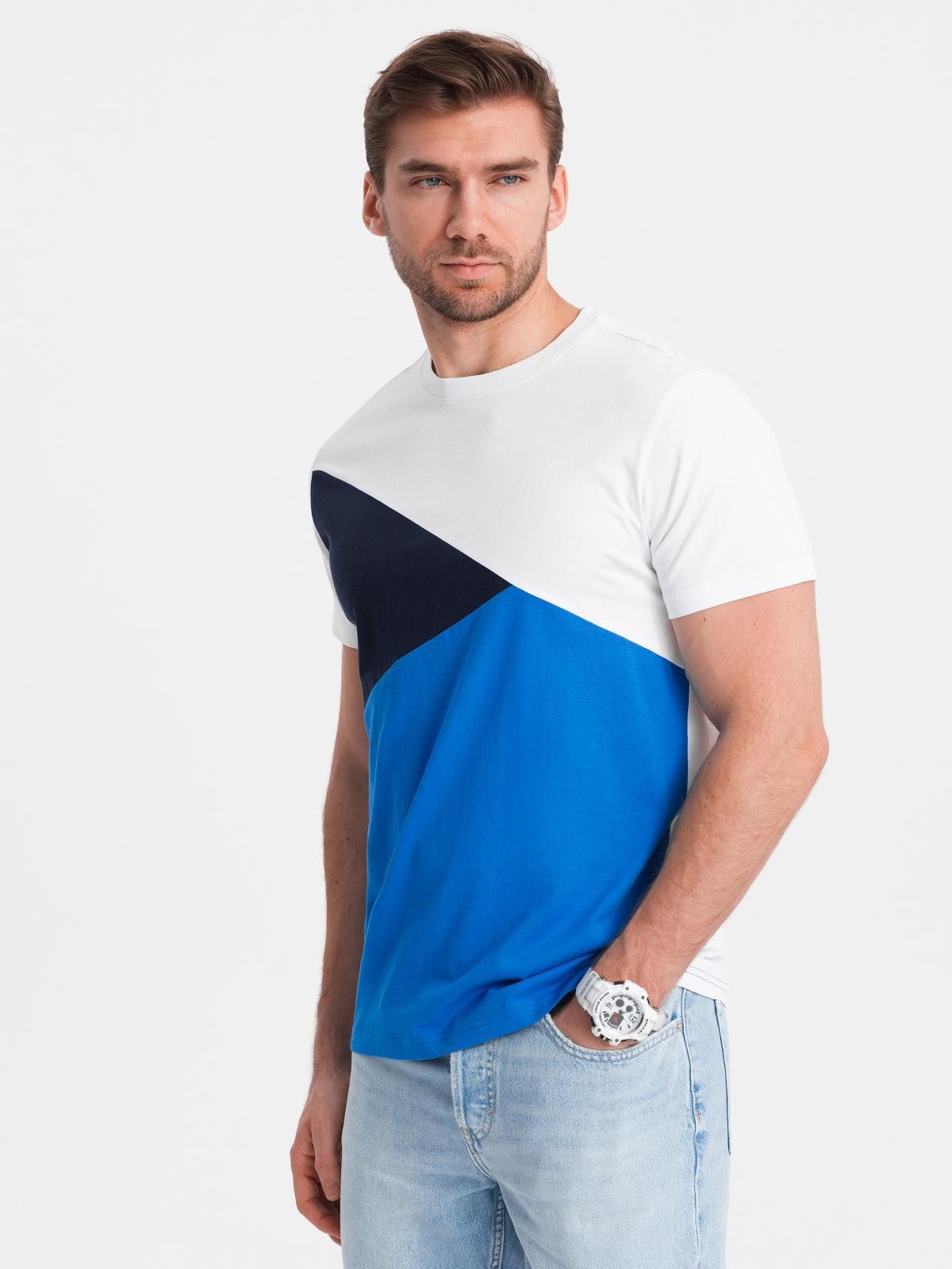 OMBRE T-Shirt Herren T-Shirt Baumwolle Regular-Fit Casual White/navy L (kein Set, 1-tlg) Dreifarbiger geometrischer Musterdruck