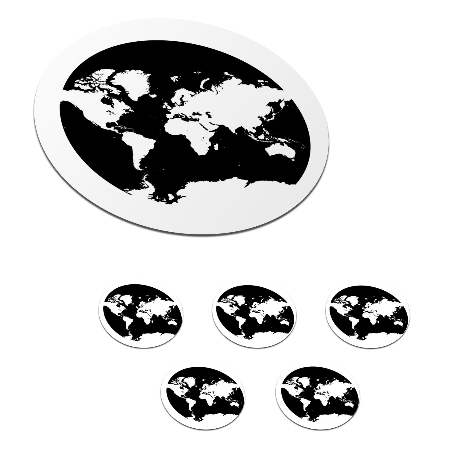 MuchoWow Glasuntersetzer Weltkarte - Kreis - Schwarz und weiß, Zubehör für Gläser, 6-tlg., Getränkeuntersetzer, Tassenuntersetzer, Korkuntersetzer, Tasse, Becher