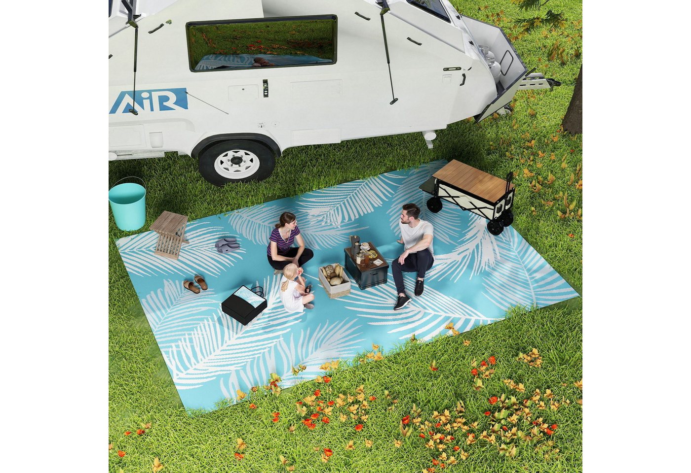 Outsunny Outdoorteppich Outdoor Teppich wendbarer robuster Wetterfest Carpet, rechteckig, Höhe: 0.3 mm, für Balkon Garten Terrasse Bad Flur Küche 274 x 182 cm Hellblau+Weiß