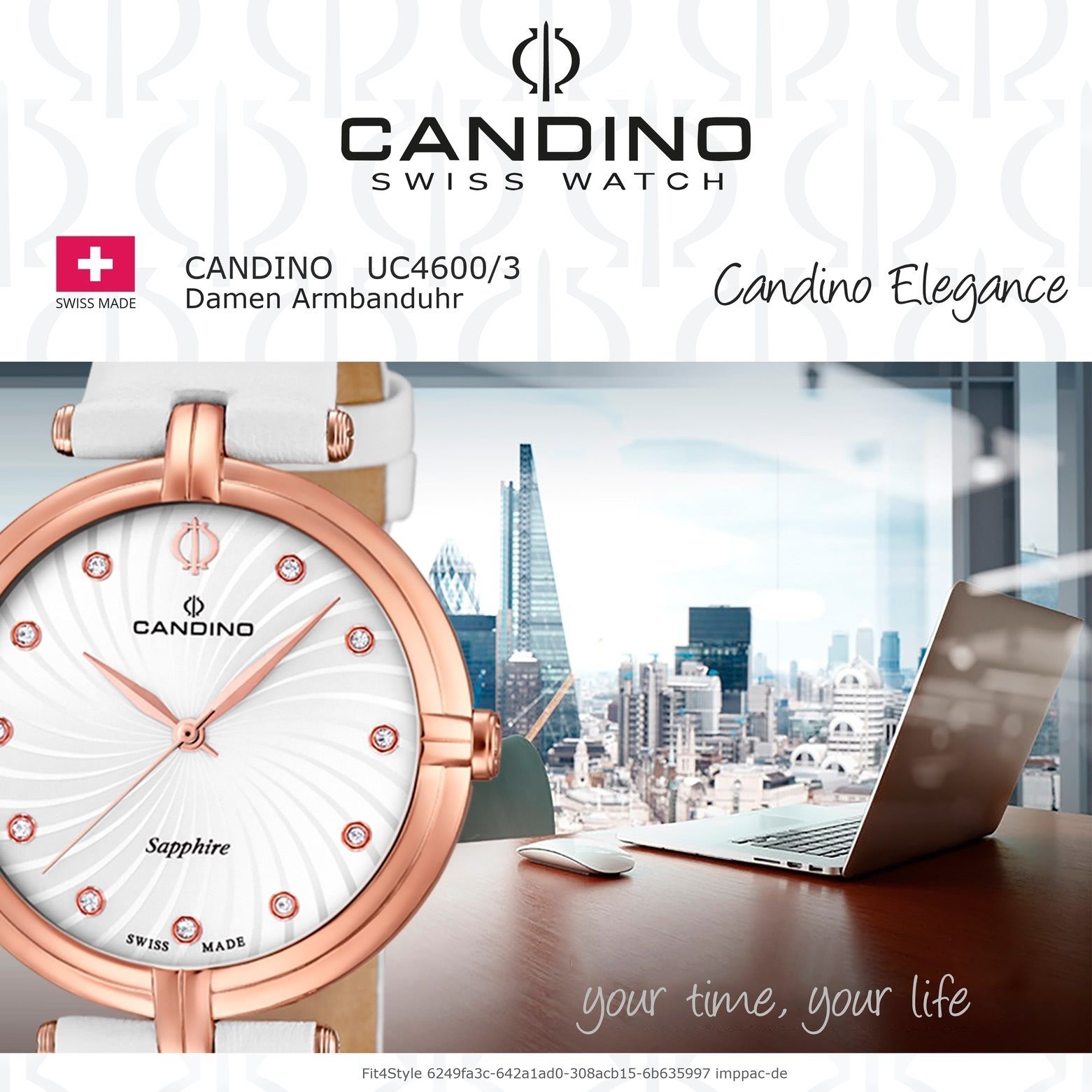 Candino Damenuhr C4600/3, Quarzuhr weiß Damen Candino rund, Armbanduhr Edelstahlarmband Elegance