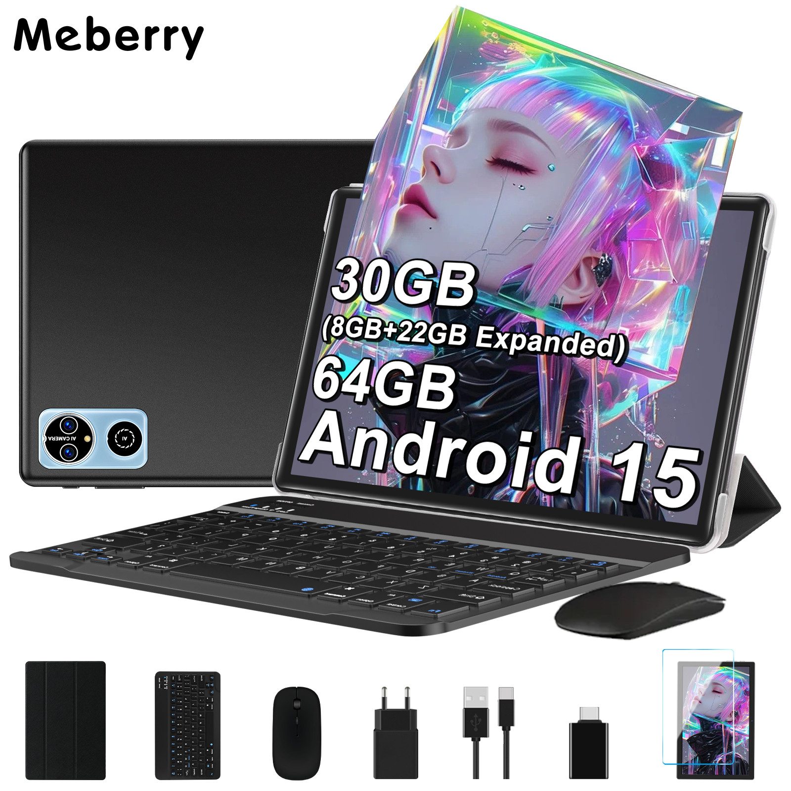 GOODTEL Meberry 30GB RAM 64GB Speicher, Android 15, WiFi, Widevine L1 Tablet (10.1", Android15, 6000 mAh Akku, mit mit Zubehör Tastatur, Maus)