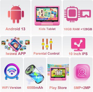 OUZRS für Kinder Kindersicherung, Lernsoftware Tablet (10", 128 GB, Android 13, Dual-Kamera HD/IPS, WiFi Bluetooth Netflix YouTube, mit Hüllen)