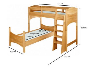 BioKinder - Das gesunde Kinderzimmer Etagenbett Noah, 90x200 cm versetzt mit 2 Roll-Lattenrosten