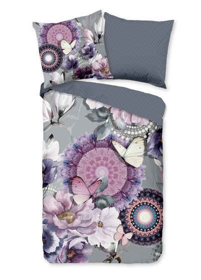 Bettwäsche Comfort Baumwolle, Traumschloss, Flanell, 2 teilig, lila Mandalas mit Blumen und Schmetterlingen, grau