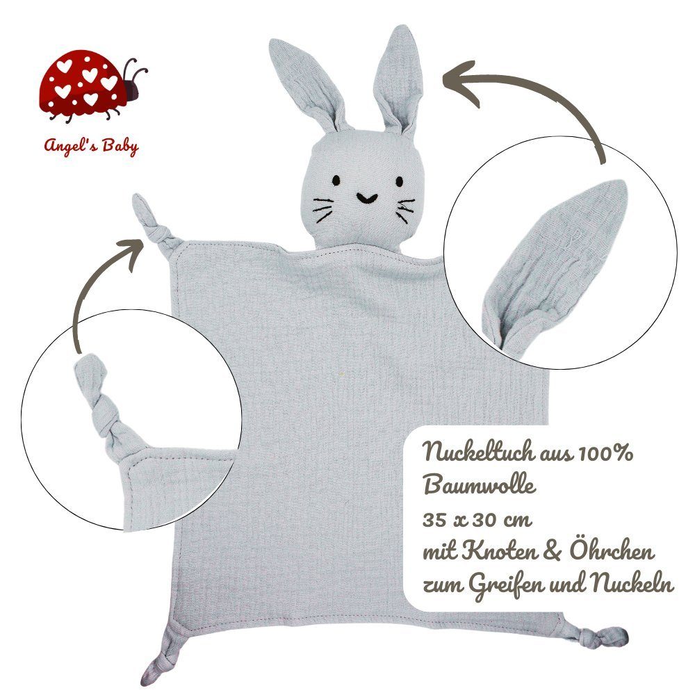 Baby mit Schmusetuch Angel's grau Baumwolle aus (Set, Hasenmotiv, Schlafhilfe Schnuffeltuch, kuschelweicher 2-tlg)