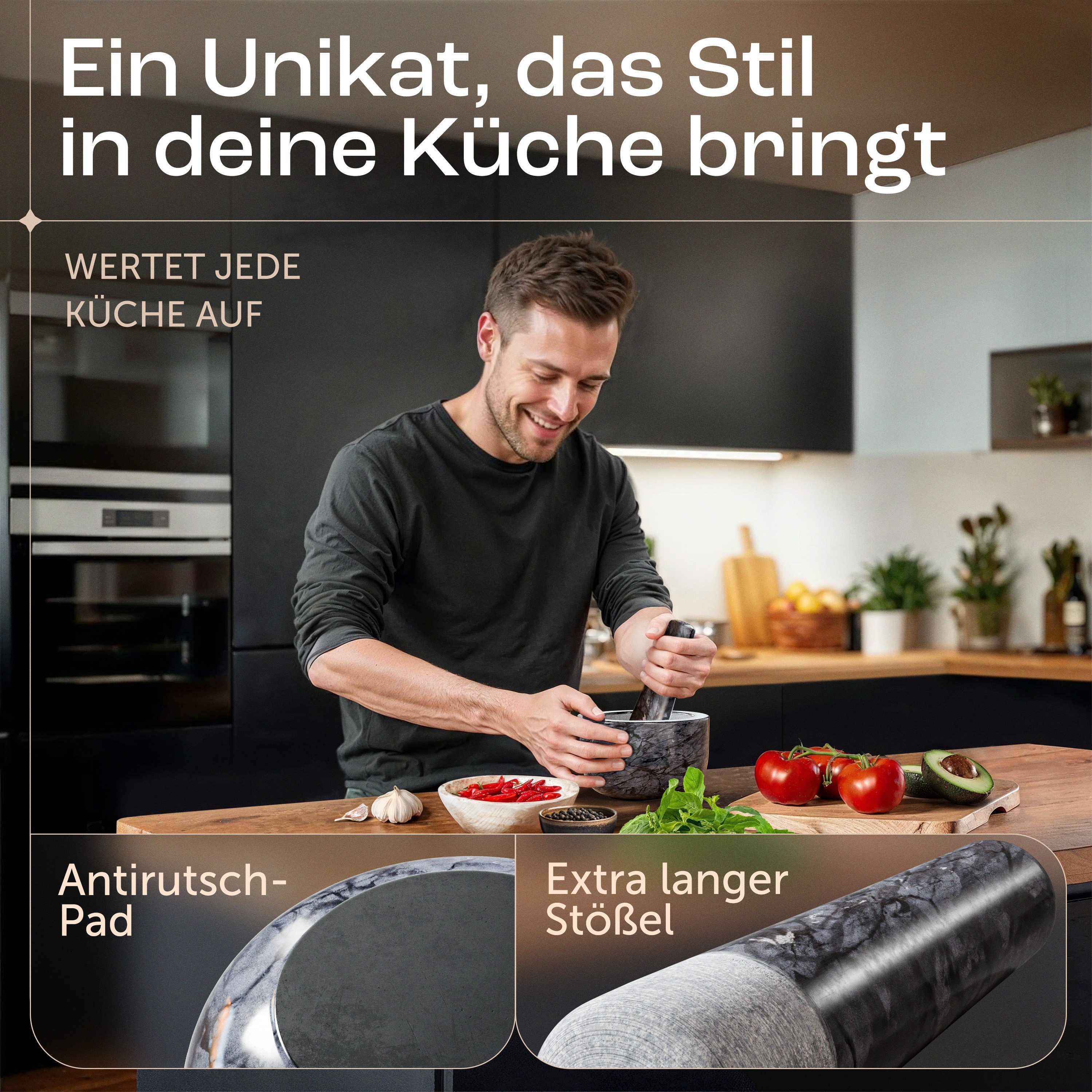 madeco Mörser Marmor Mörser mit Stößel mit Antirutsch-Pad - für Gewürze & Kräuter, (Set, 2-tlg), Ø 14 x 8,5 cm, 400 ml Füllvolumen
