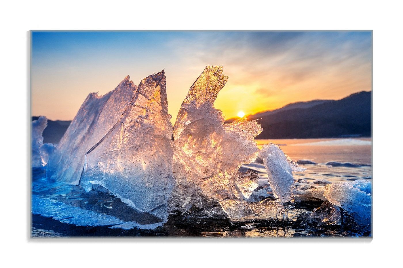 Wallario Frühstücksbrett Eisformation im Abendlicht, ESG-Sicherheitsglas, (inkl. rutschfester Gummifüße 4mm, 1-St), 14x23cm