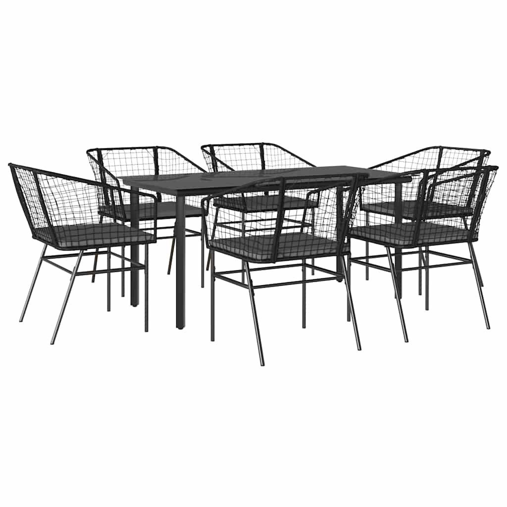 Garten-Essgruppe 7-tlg. Garten-Essgruppe mit Kissen Schwarz Poly Rattan Glas