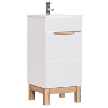 Lomadox Waschbeckenunterschrank SOLNA-56 Waschtischunterschrank 40 cm Hochglanz weiß mit Wotaneiche 40x84x41cm