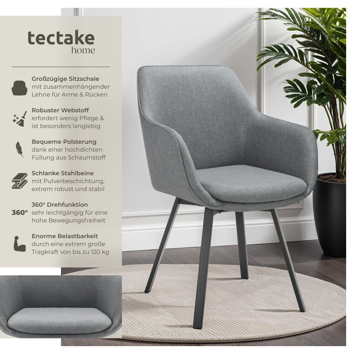 tectake Esszimmerstuhl Drehbarer Armlehnstuhl Alicon, gepolstert (Set, 6 St günstig online kaufen