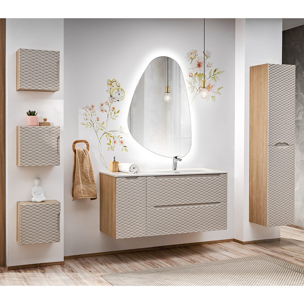 Lomadox Badmöbel-Set OLUO-56-BEIGE, (Spar-Set, 6-St., LED-Spiegel Waschtisch Hängeschränke Hochschrank), 120cm Keramikwaschbecken, Eiche mit beige, 3D-Oberfläche
