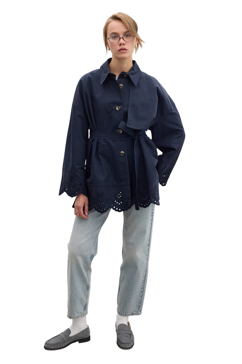 MANUKA Trenchcoat GESTICKTES DESIGN TRENCH COAT SCHWARZ