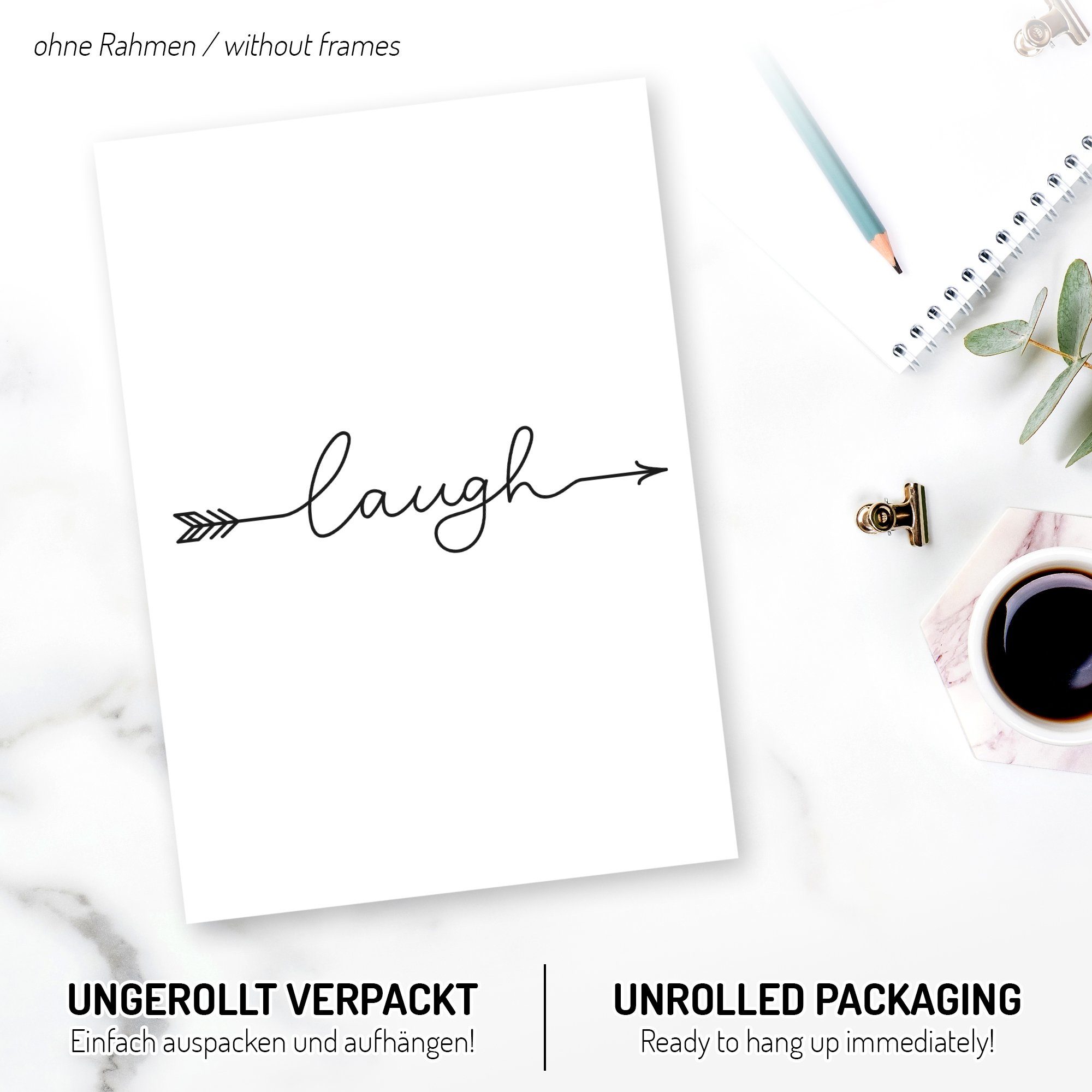 Kreative Feder Poster, live, love, laugh, Pfeil, Schrift, Schwarz-Weiß, Liebe, Lachen, Leben (Set, 3 St), 3-teiliges Poster-Set, Wandbild, optional mit Rahmen, DIN A4 oder A3