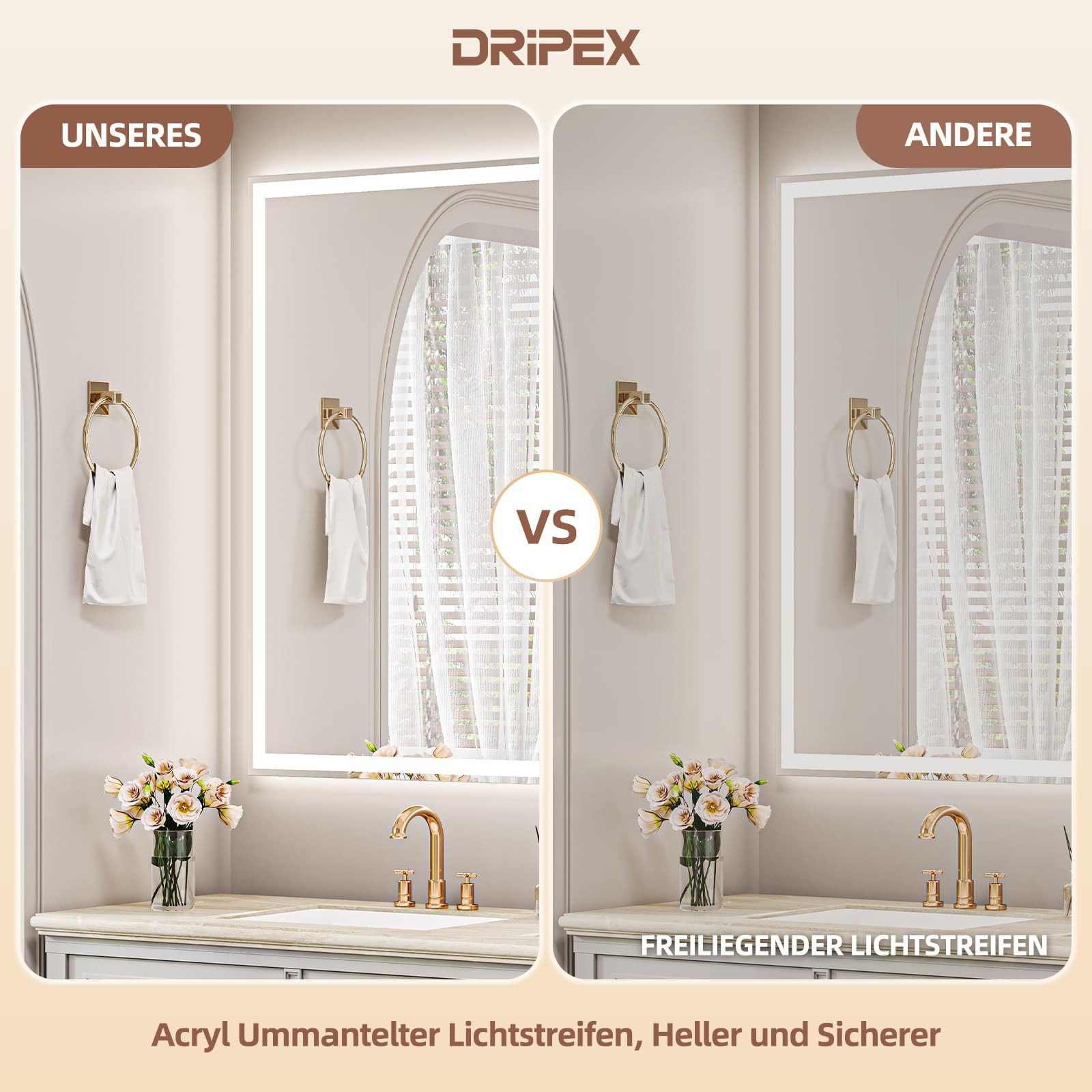 Dripex Badspiegel Badezimmerspiegel Led Wandspiegel mit Beleuchtung, 3 Lichtfarbe Einstellbare, Touch-Schalter, Druckknopf, Dimmbar – Bild 4 von 5