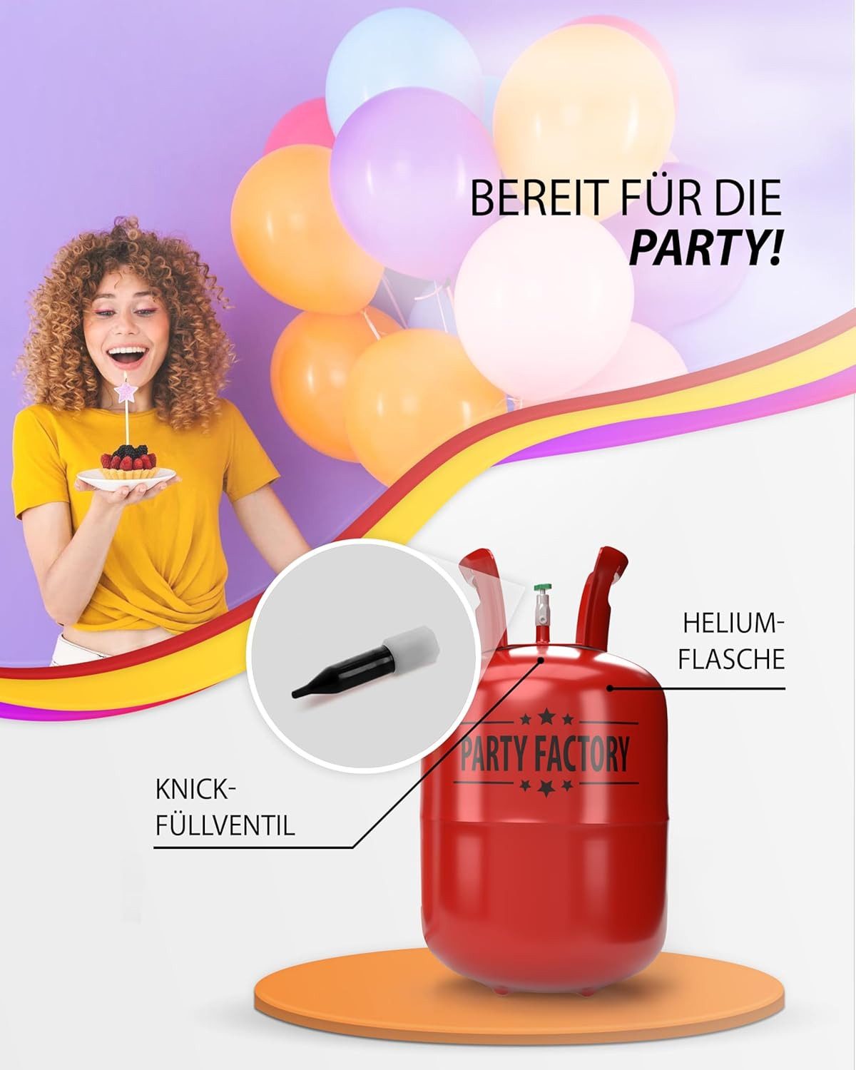 Party Factory Helium Ballongas Helium für bis zu 20 Luftballons, 0,14m³ Einwegflasche, Ballongas, Helium, Heliumgas, Helium Ballongas