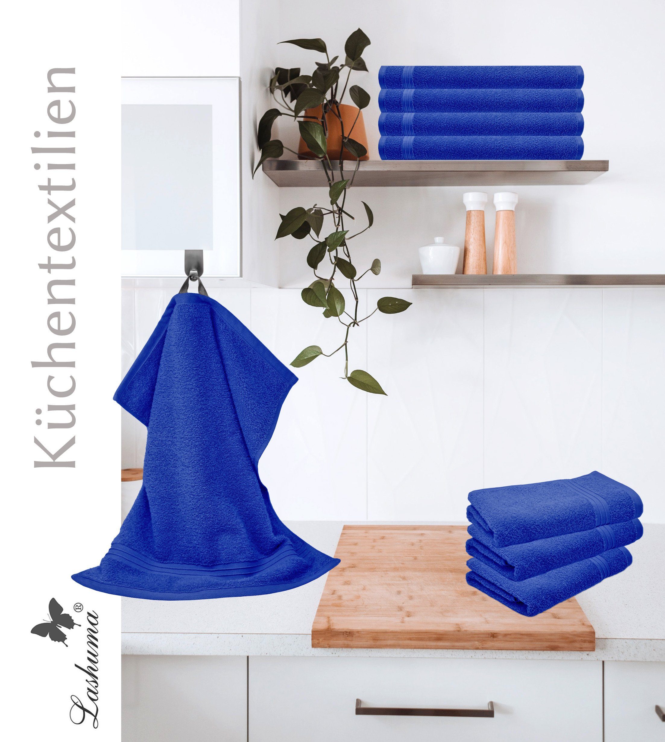 blau Frottee, (Spar-Set, Küchenhandtücher Handtuch 4-tlg), Königs cm Baumwolle Blau Linz 50x50 Küchentücher, Lashuma Set