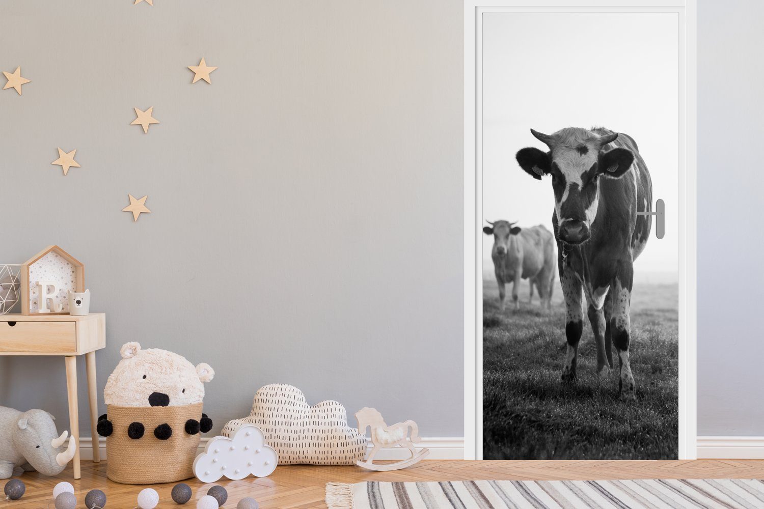 MuchoWow Türtapete Kühe Türaufkleber, Morgennebel St), für bedruckt, Foto, 75x205 cm (1 Tür, Fototapete Matt, schwarz-weiß im