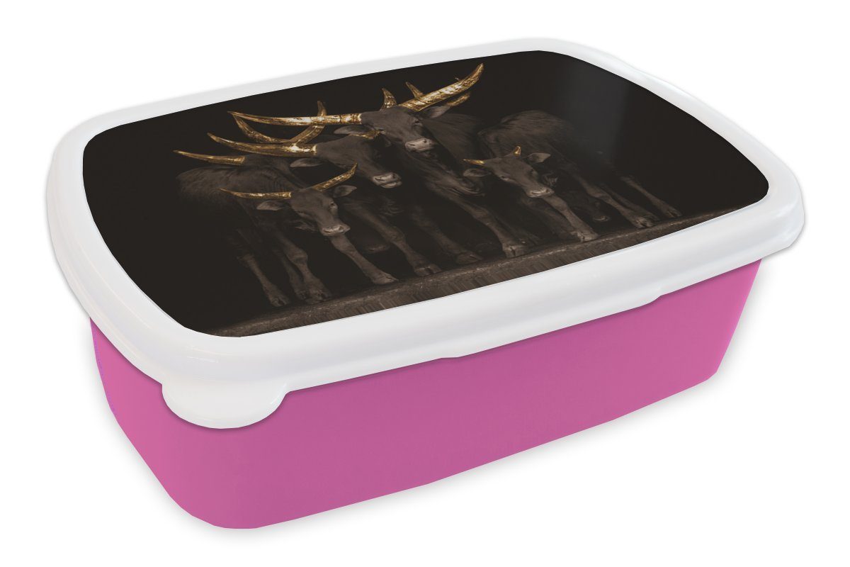 MuchoWow Lunchbox - Snackbox, Kühe Kinder, für Hörner rosa Brotbox - (2-tlg), Erwachsene, Brotdose Kunststoff Gold, Kunststoff, Mädchen