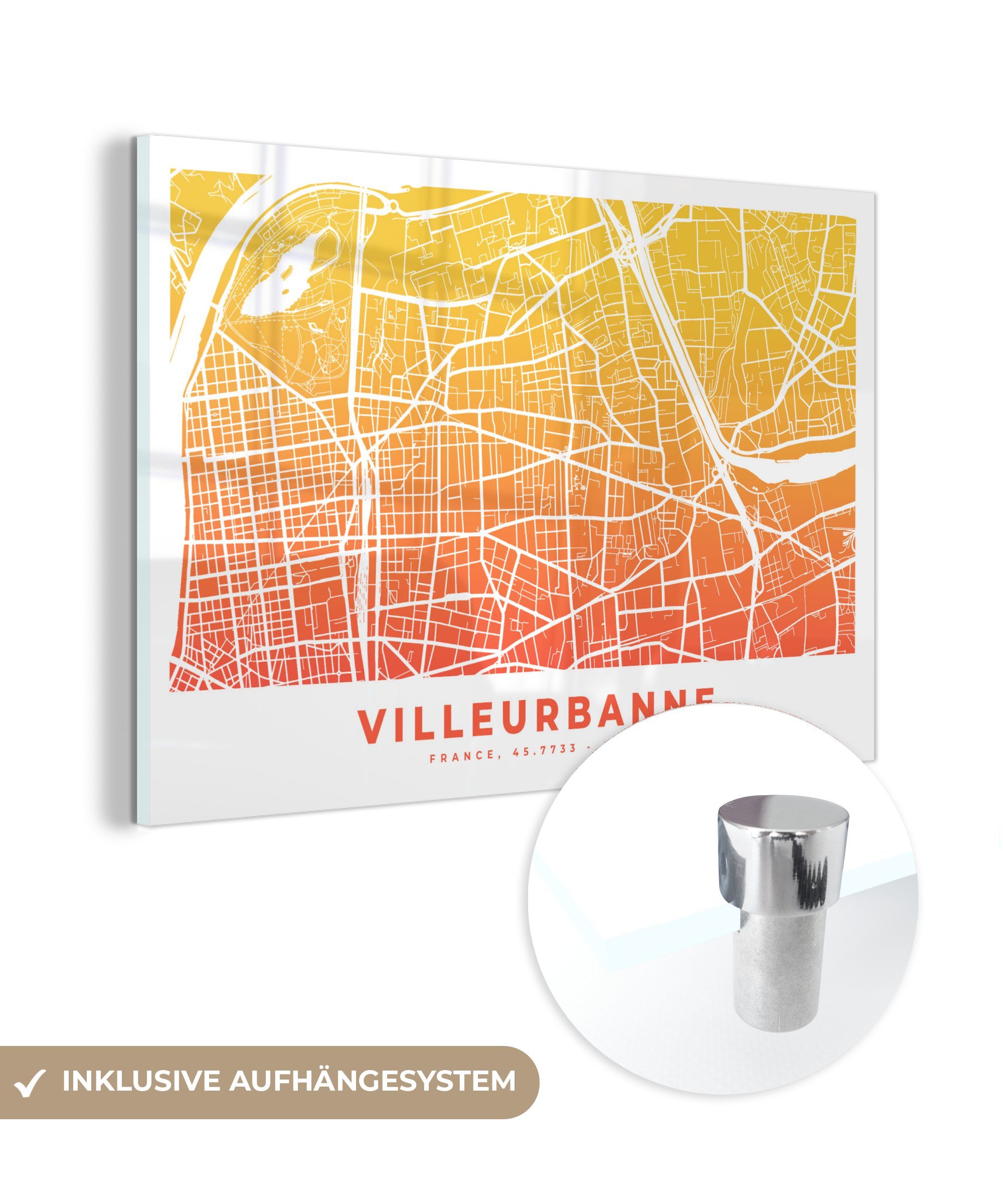 MuchoWow Acrylglasbild Frankreich - Stadtplan - Villeurbanne, (1 St), Acrylglasbilder Wohnzimmer & Schlafzimmer | Bilder
