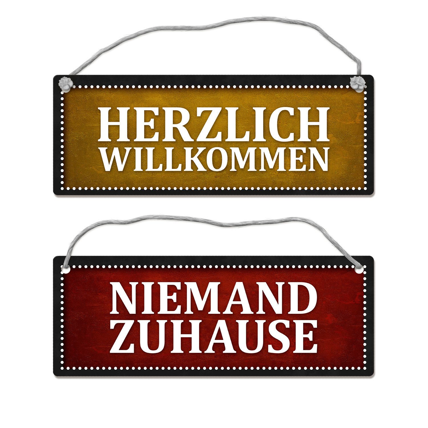 Metallschild Niemand Zuhause oder Willkommen Wendeschild mit Kordel in Rot und