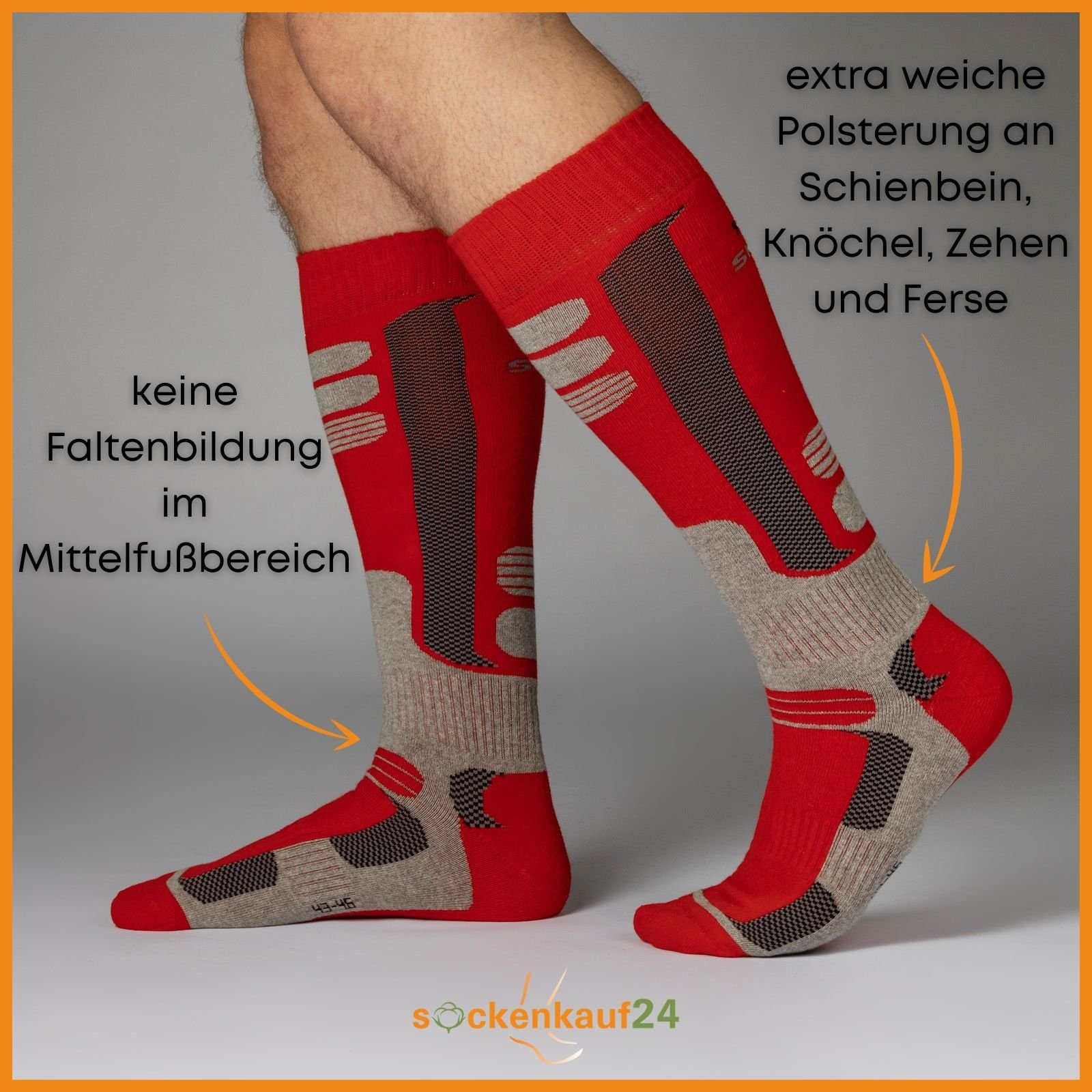 sockenkauf24 Skisocken 2 Paar Ski Strümpfe Herren & Damen Ski Socken lang (Schwarz/Rot, 43-46) Atmungsaktiv - 42816