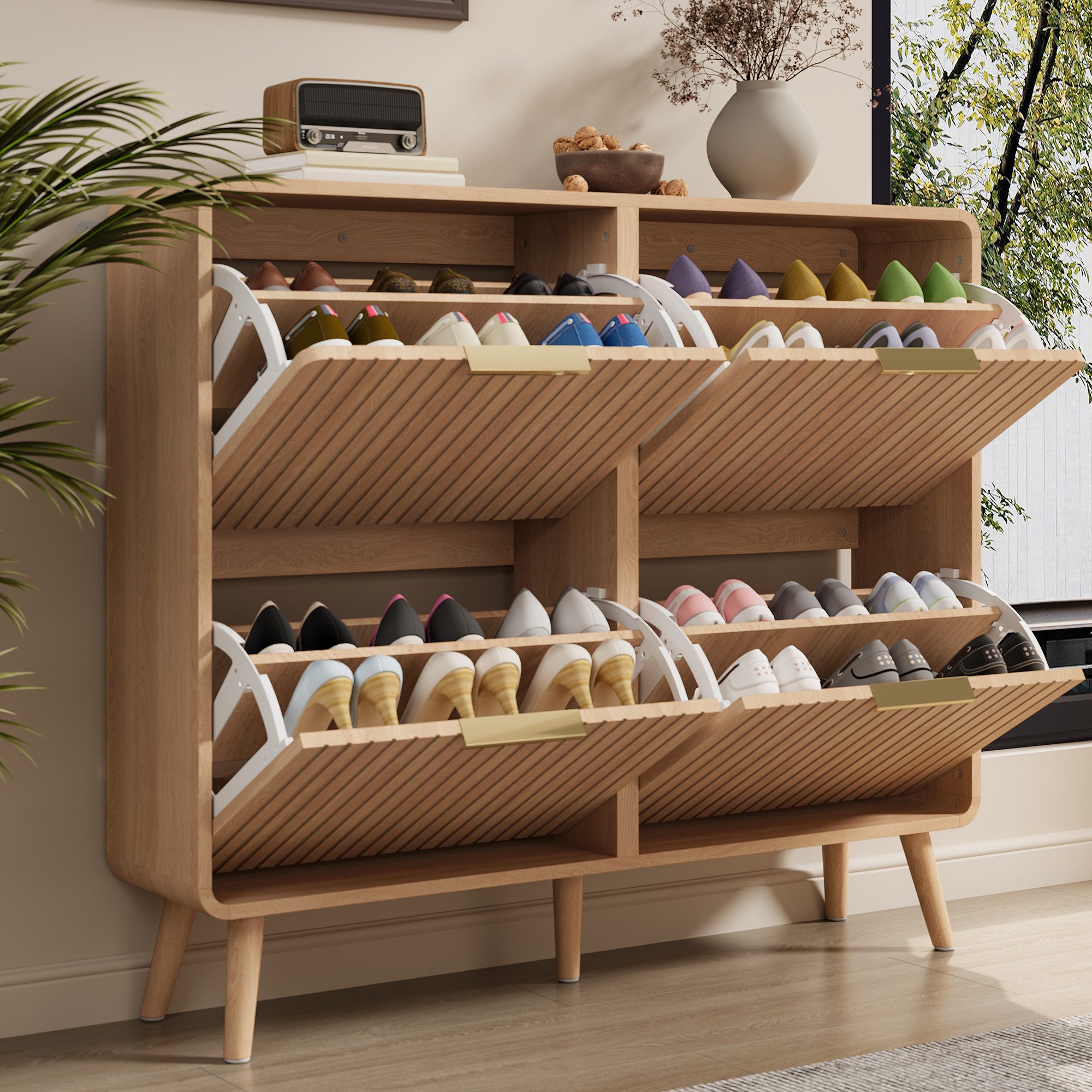 Merax Schuhschrank in Holzmaserung-Optik, Flurschrank mit Massivholzbeinen (105 x 24 x 90 cm, 1-St., Schuhregal für 18–24 Paar Schuhe) Schuhkommode mit Klapptüren, doppelstöckiges Design & Stauraum