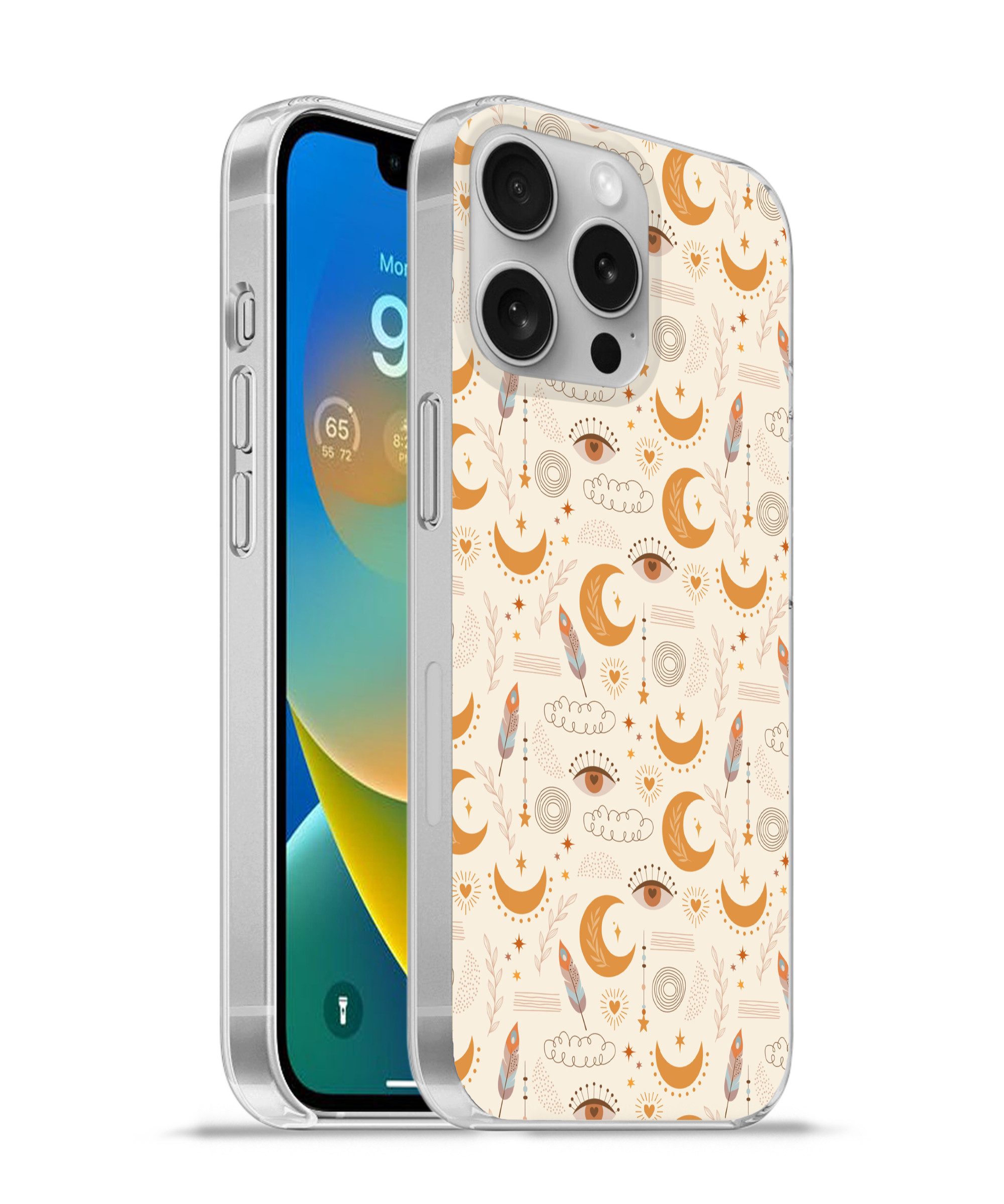 MuchoWow Handyhülle für Apple iPhone 16 Pro Boho - Druck - Augen - Mond - Federn - Beige, Smartphone-Bumper, Print, Handy Schutzhülle Dünn