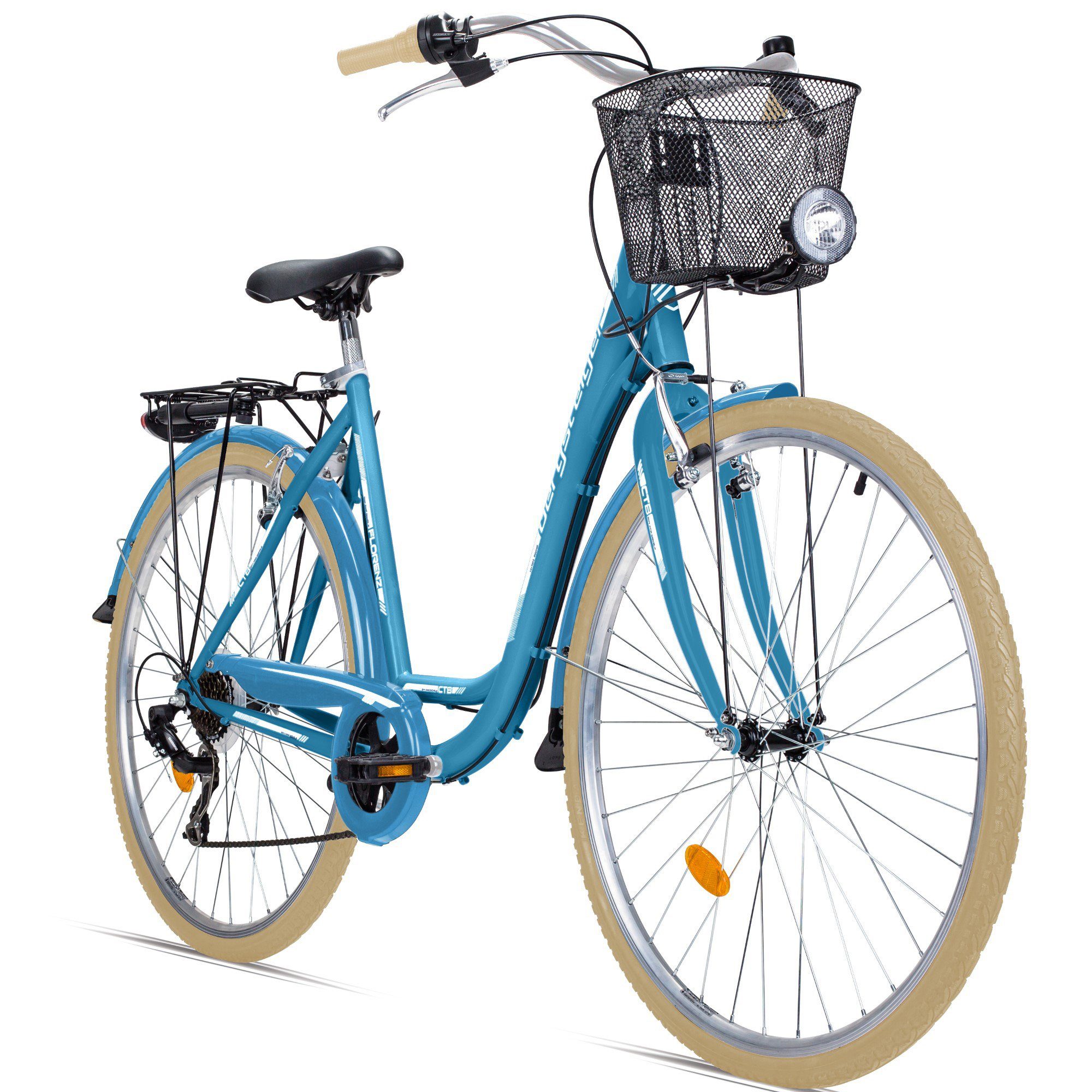 bergsteiger Cityrad Florenz 28 Zoll Damenfahrrad mit Korb, Beleuchtung, ab 160 cm, 7 Gang Shimano Tourney RD-TY21 Schaltwerk, Kettenschaltung, V-Bremsen