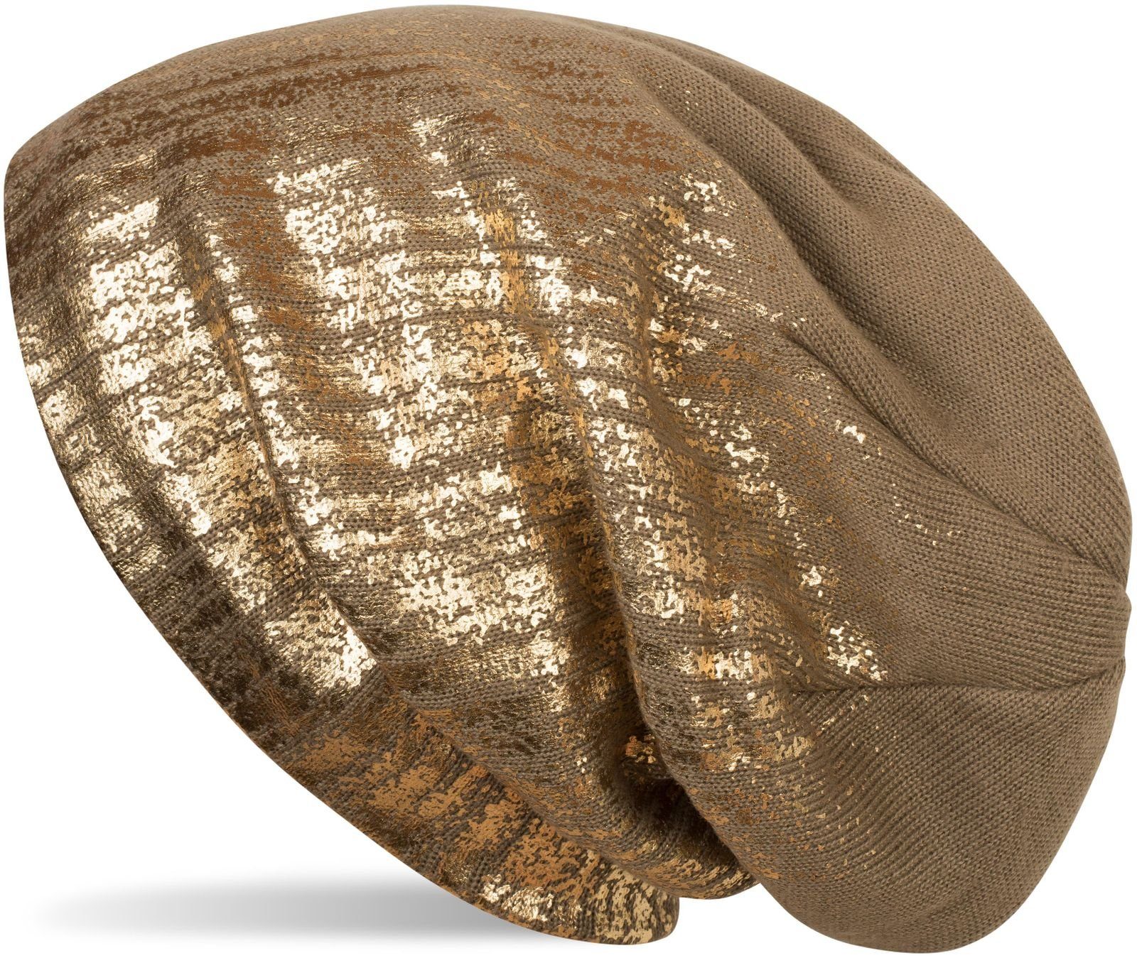 styleBREAKER Strickmütze (1-St) Feinstrick Beanie mit Metallic Print Braun / Gold