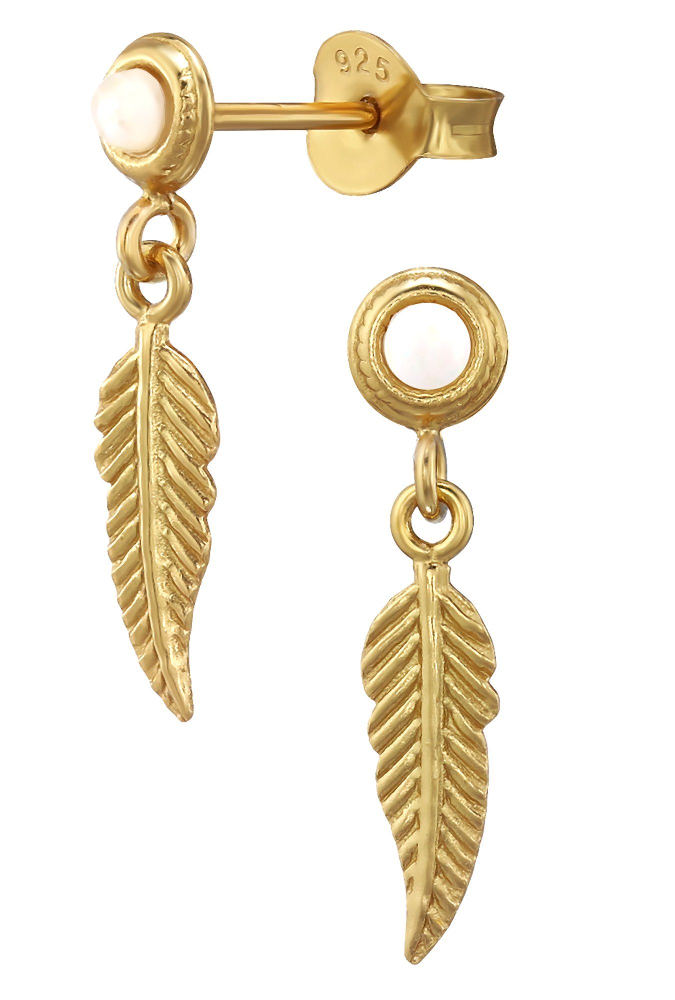 Paar Ohrhänger Damen Mädchen Silber 925 Gold Feder mit Opal Perle Ohrstecker Ohrringe