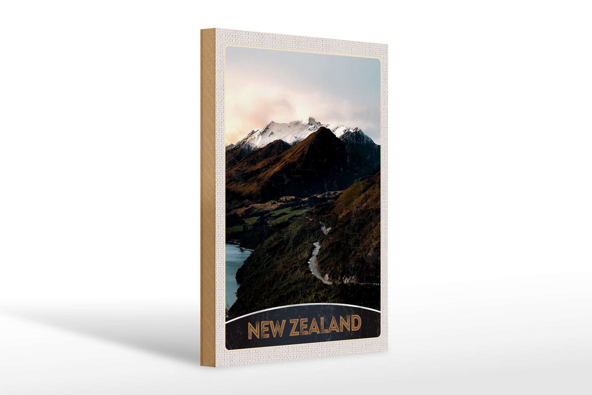 Holzbild Reise 20x30cm Neuseeland Gebirge Insel Stadt