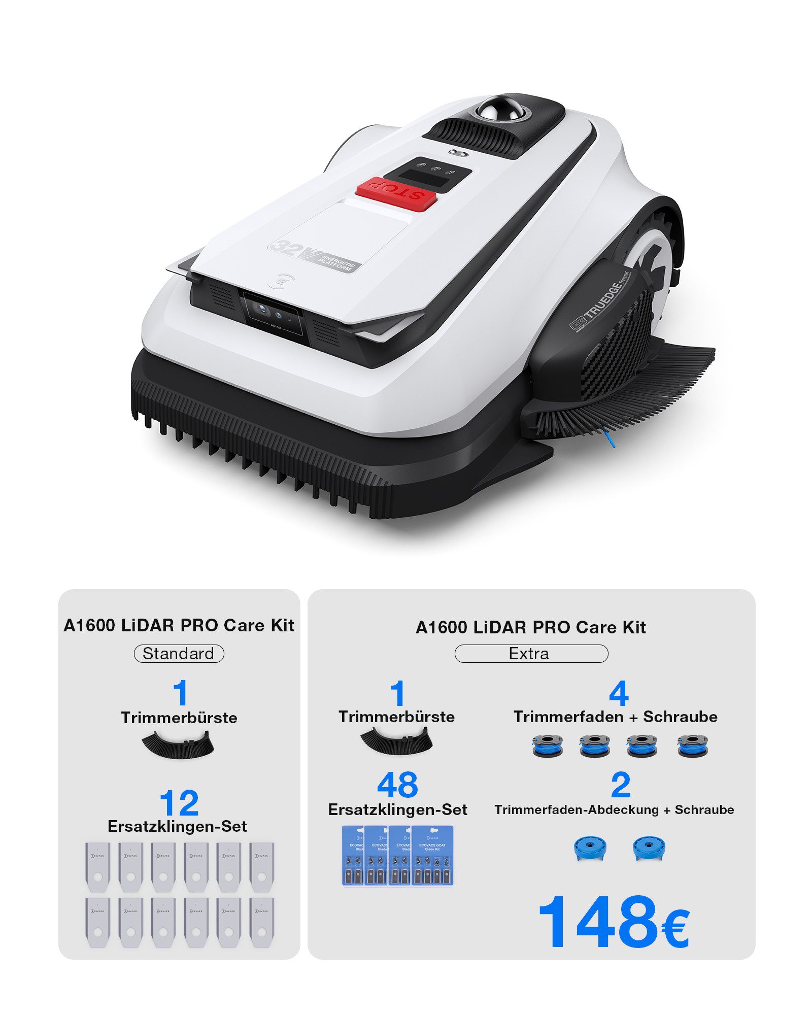 ECOVACS Rasenmähroboter GOAT A1600 LiDAR PRO Care Kit, bis 400 m² Rasenfläche, (Set, mit zusätzlichen Ersatzteilen), Inklusive Akku und Ladestation, Appsteuerung