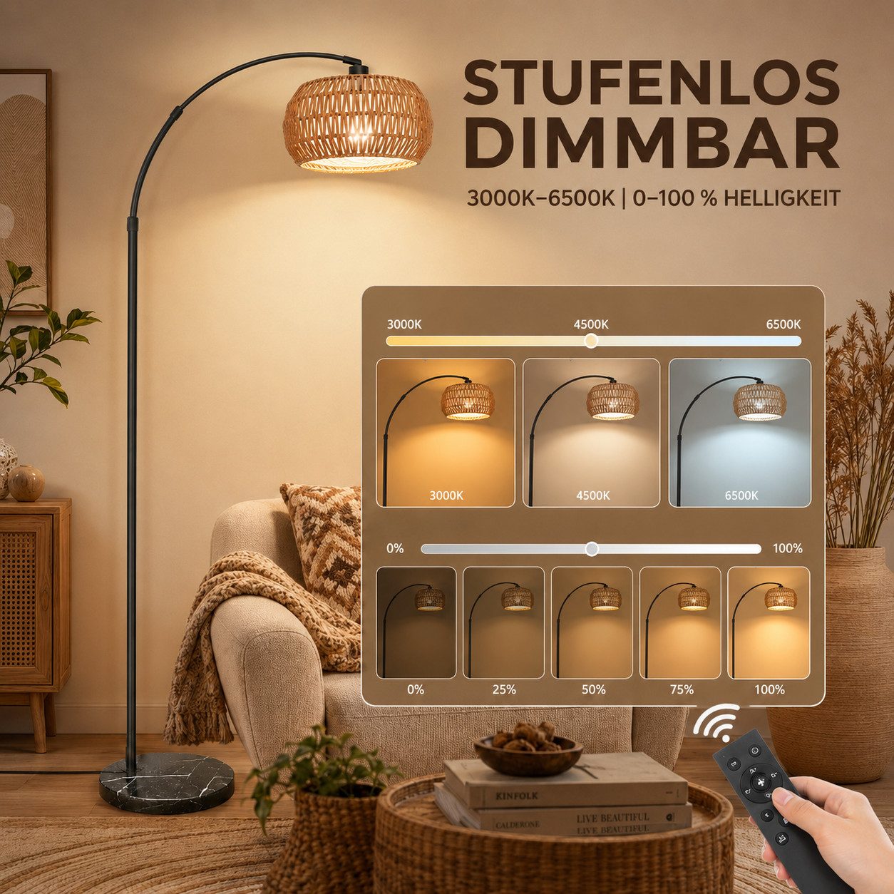 Sunicol Stehlampe Wohnzimmer Dimmbar Stehlampe Doppelter Lampenschirm mit Glühbirne, Marmorsockel, Höhenverstellbar Rattan Bogenlampe, für Schlafzimmer