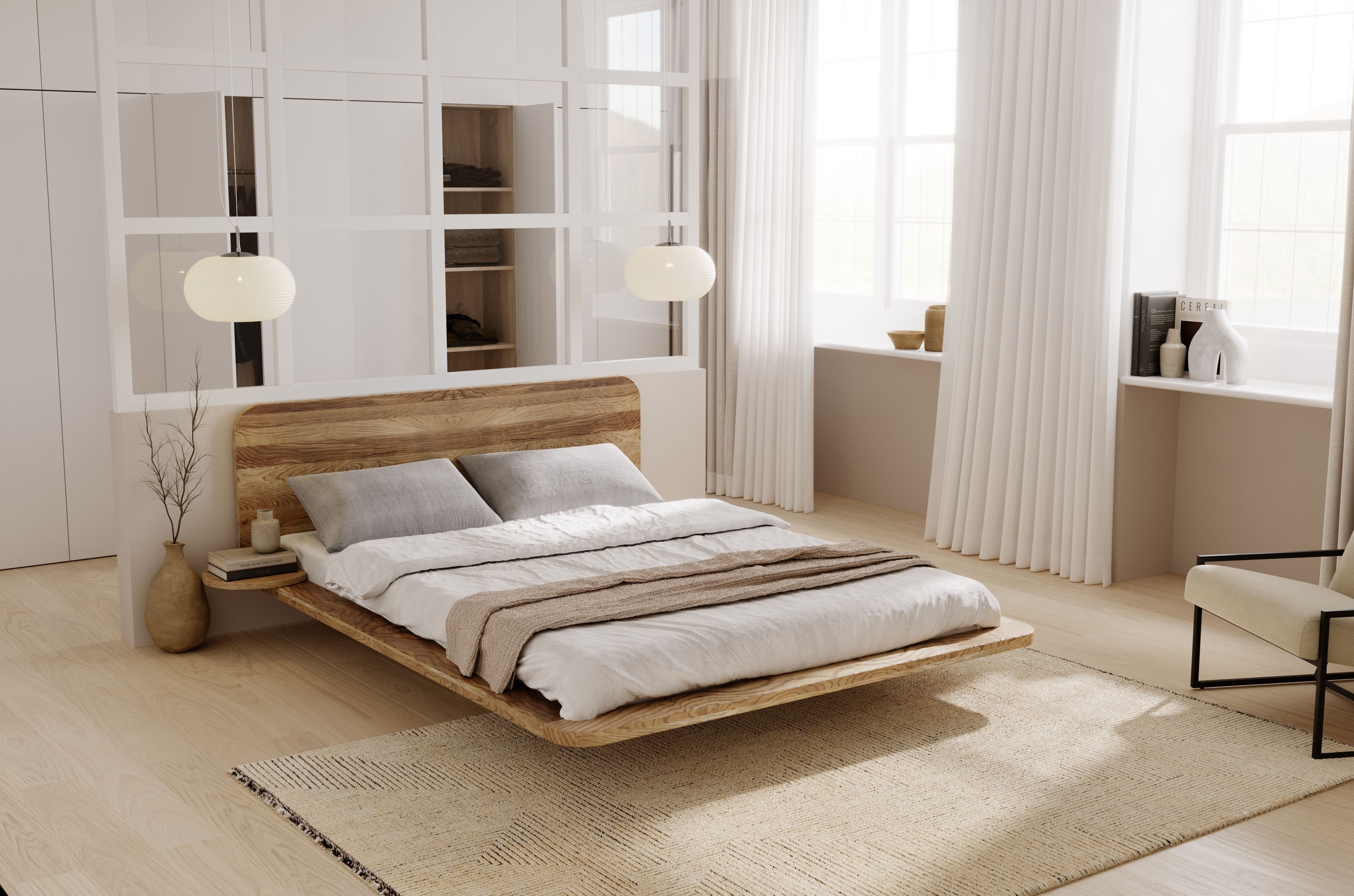 Skandica Holzbett Japandic (Eichenbett mit schwebender effekt), mit 2 integrierten Ablagen, 140/200, Eiche - geölt, Retro